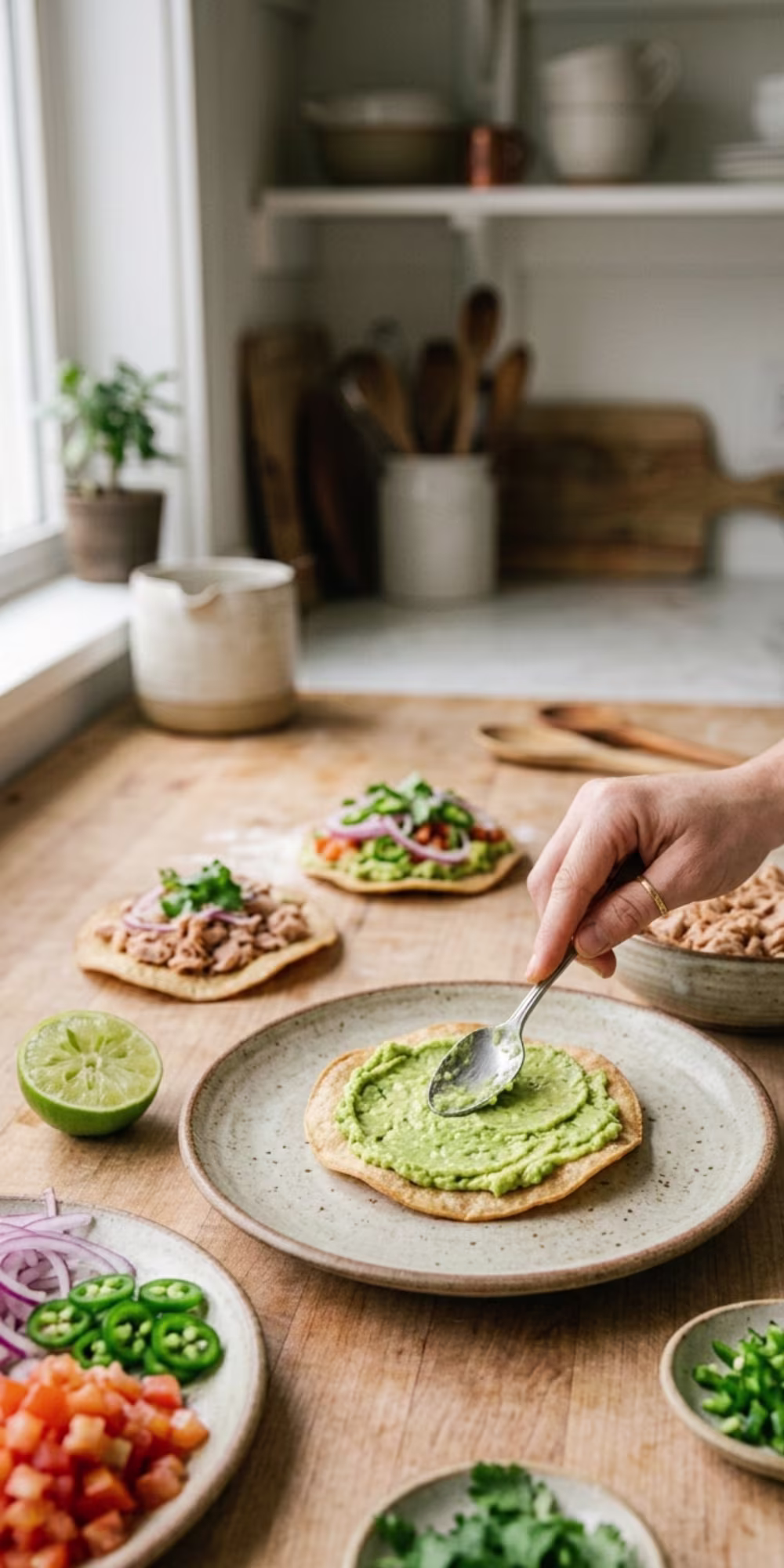 Assembling spicy tuna and avocado tostadas with avocado tuna and fresh toppings