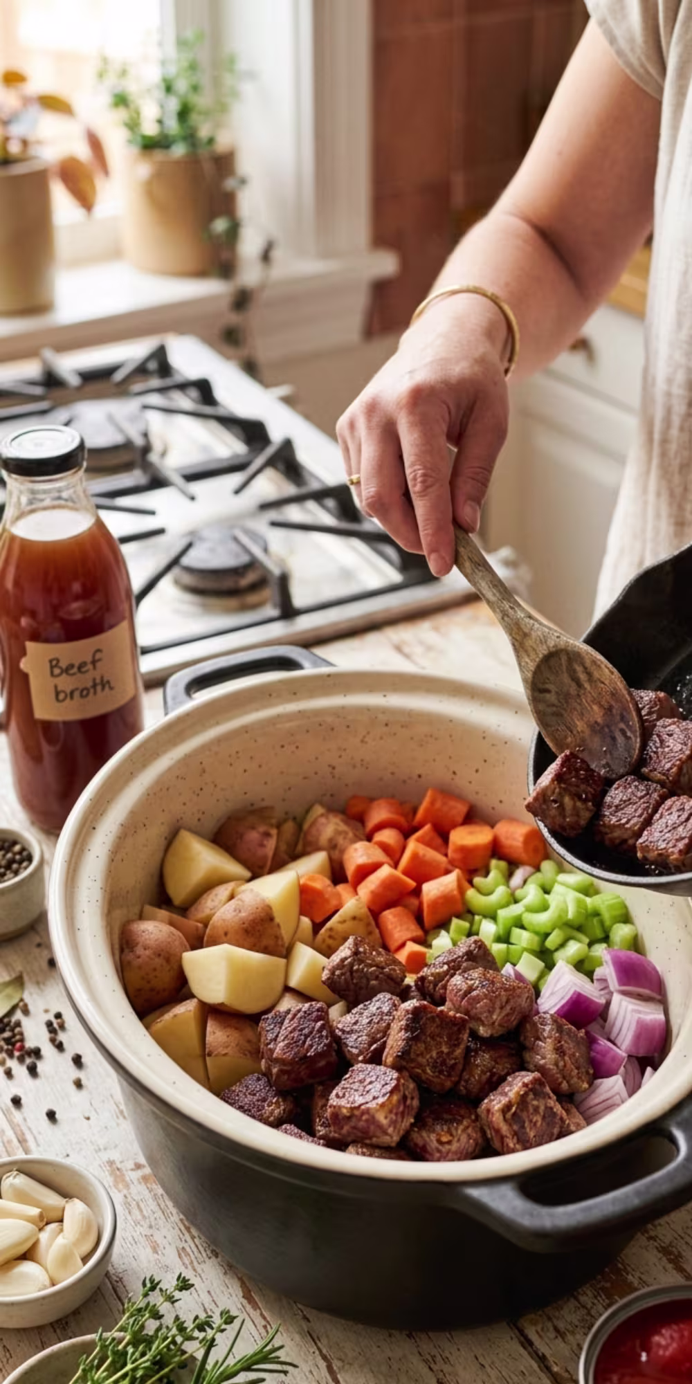 Beef and vegetables layered in a slow cooker before cooking vegetable beef soup