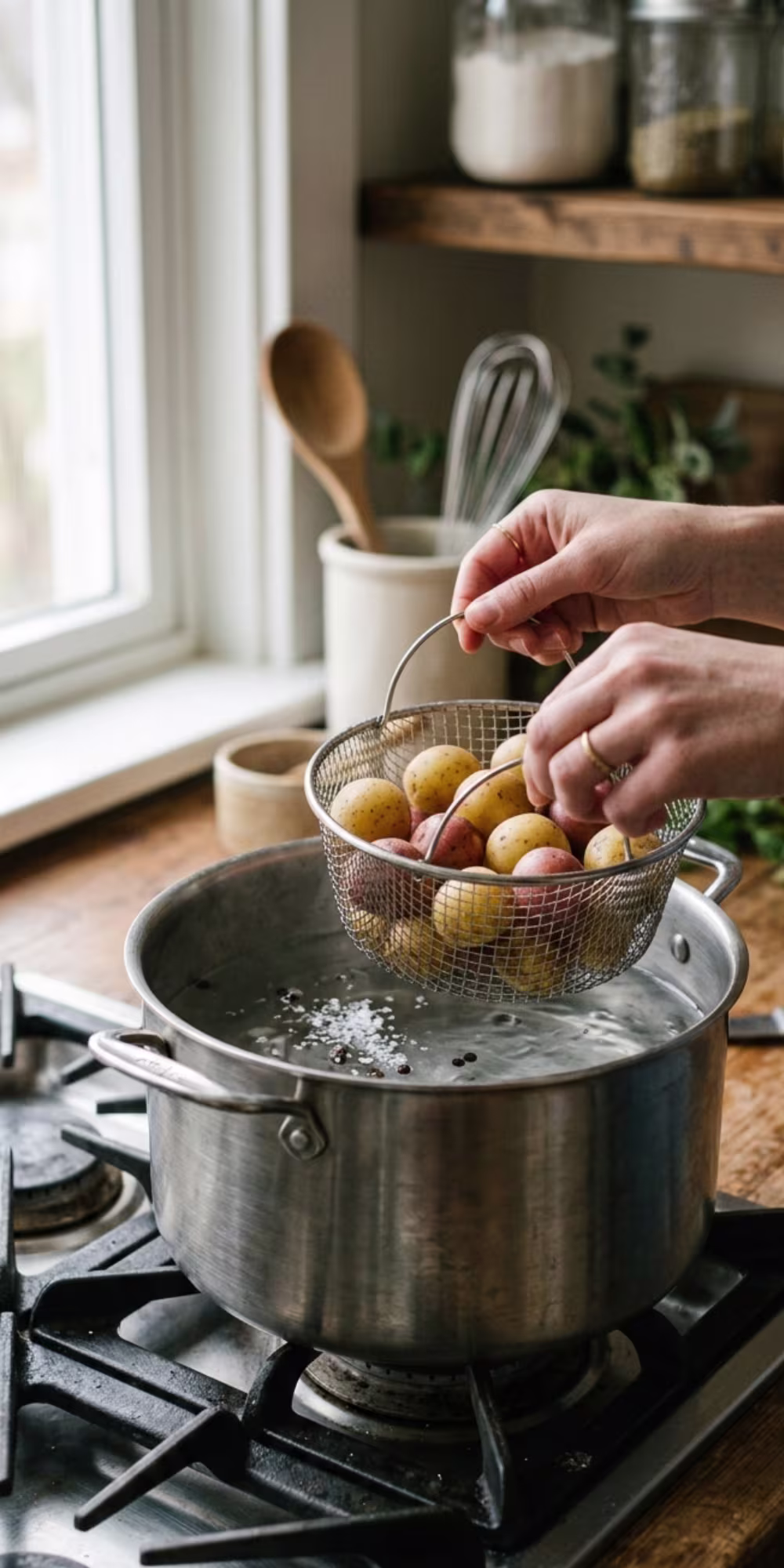 Boiling potatoes until fork tender for easy tomato potato salad