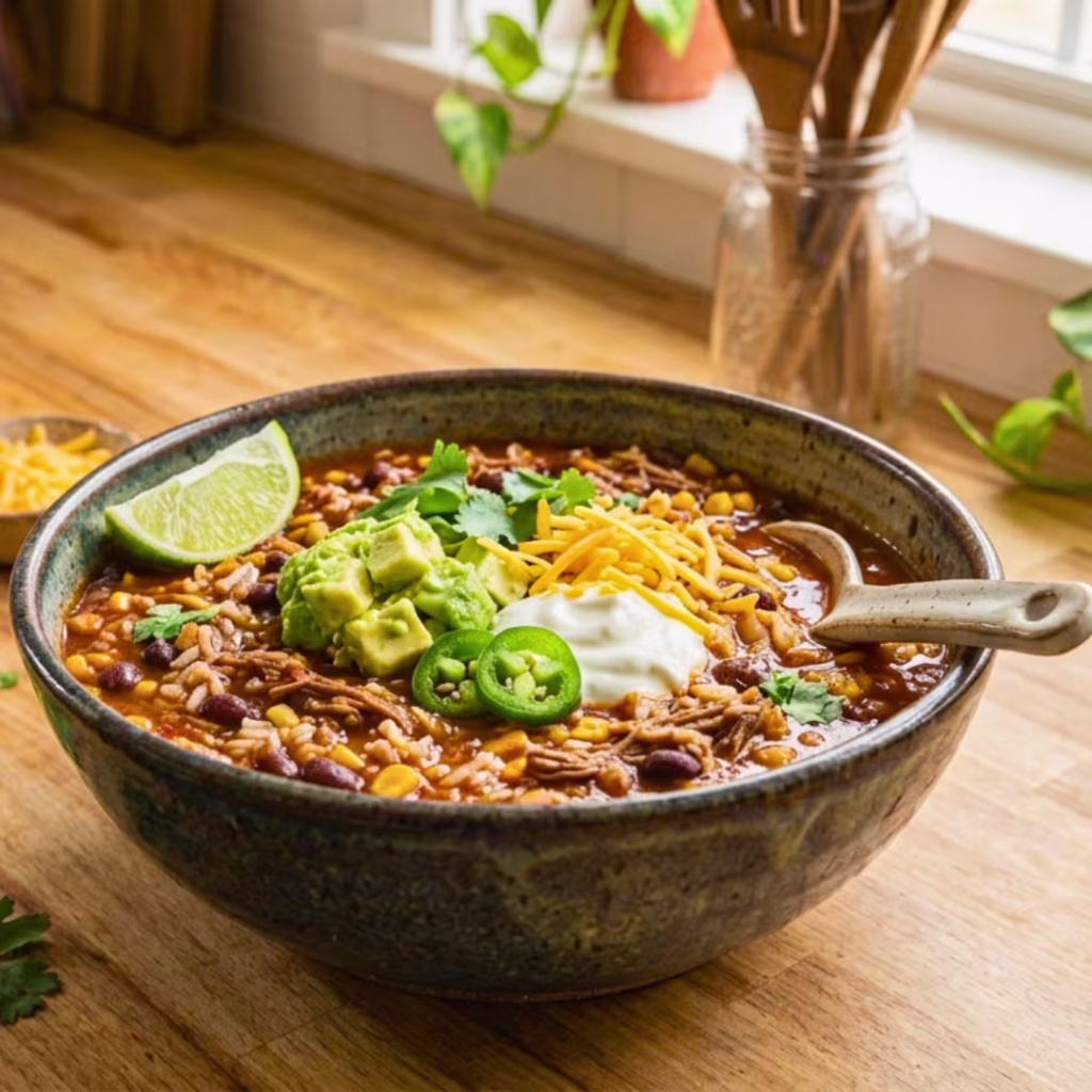 Easiest Crockpot Taco Rice Soup Recipe 3 Bowl of crockpot taco rice soup topped with cheese avocado cilantro and tortilla strips