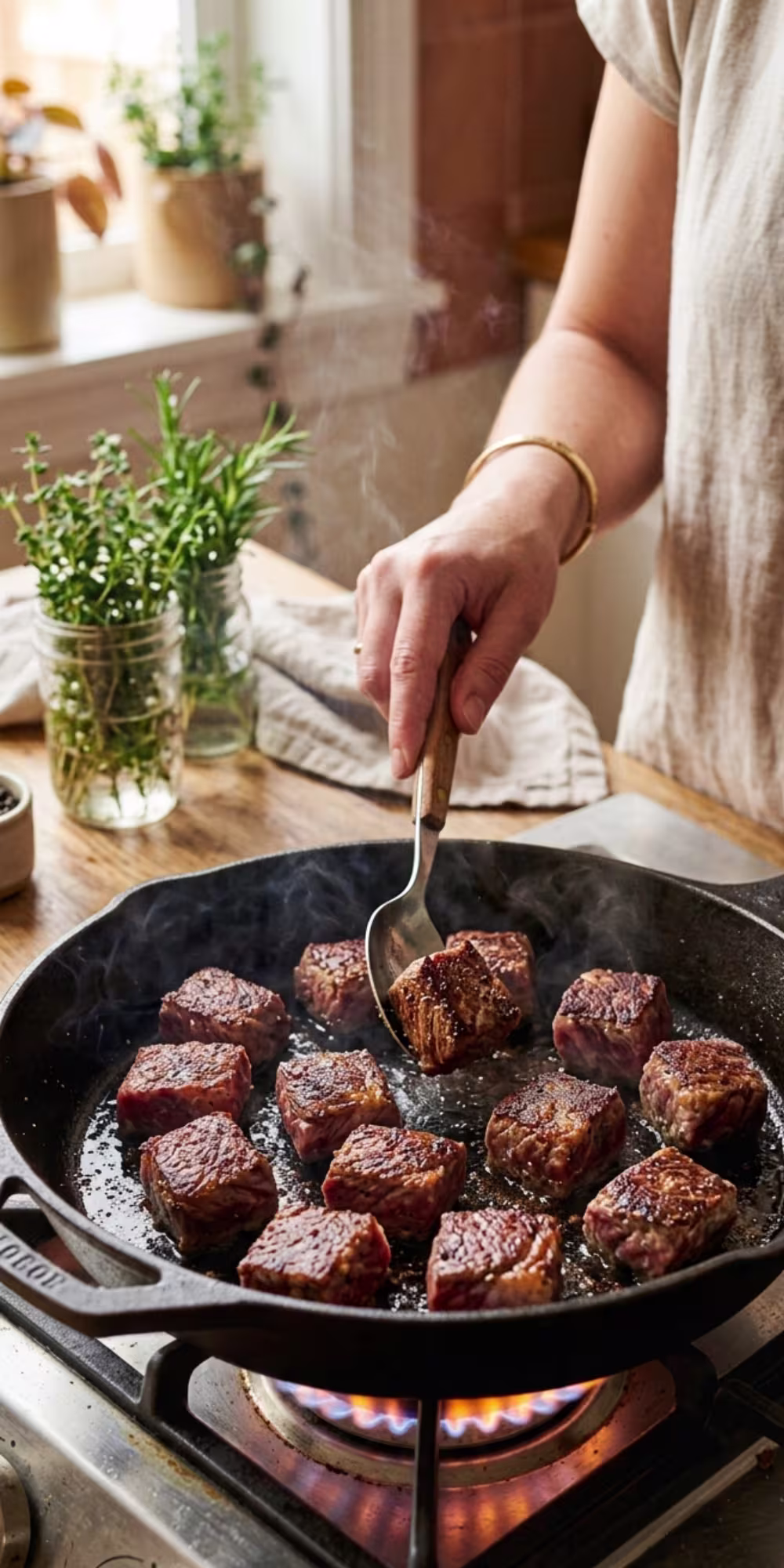 Browning beef in a skillet before adding it to slow cooker vegetable beef soup