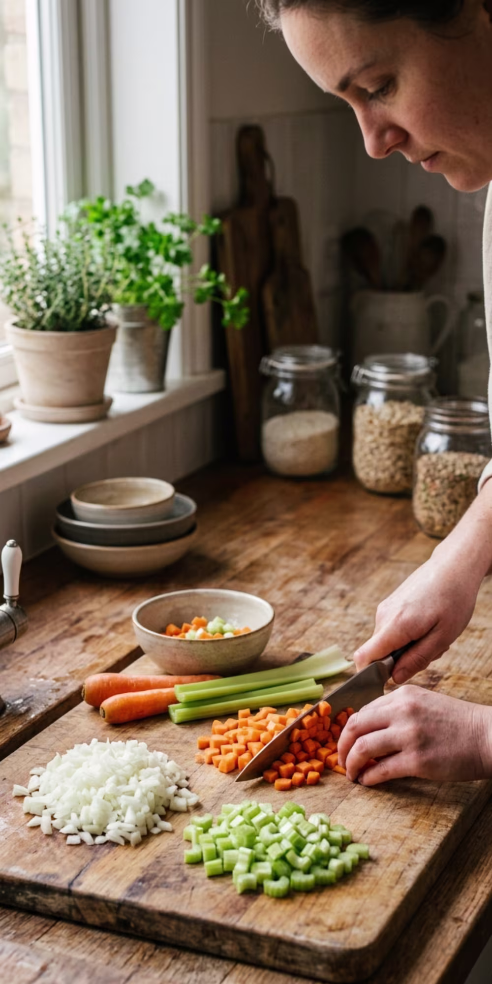 Chopped carrots celery onion and vegetables for slow cooker lentil soup