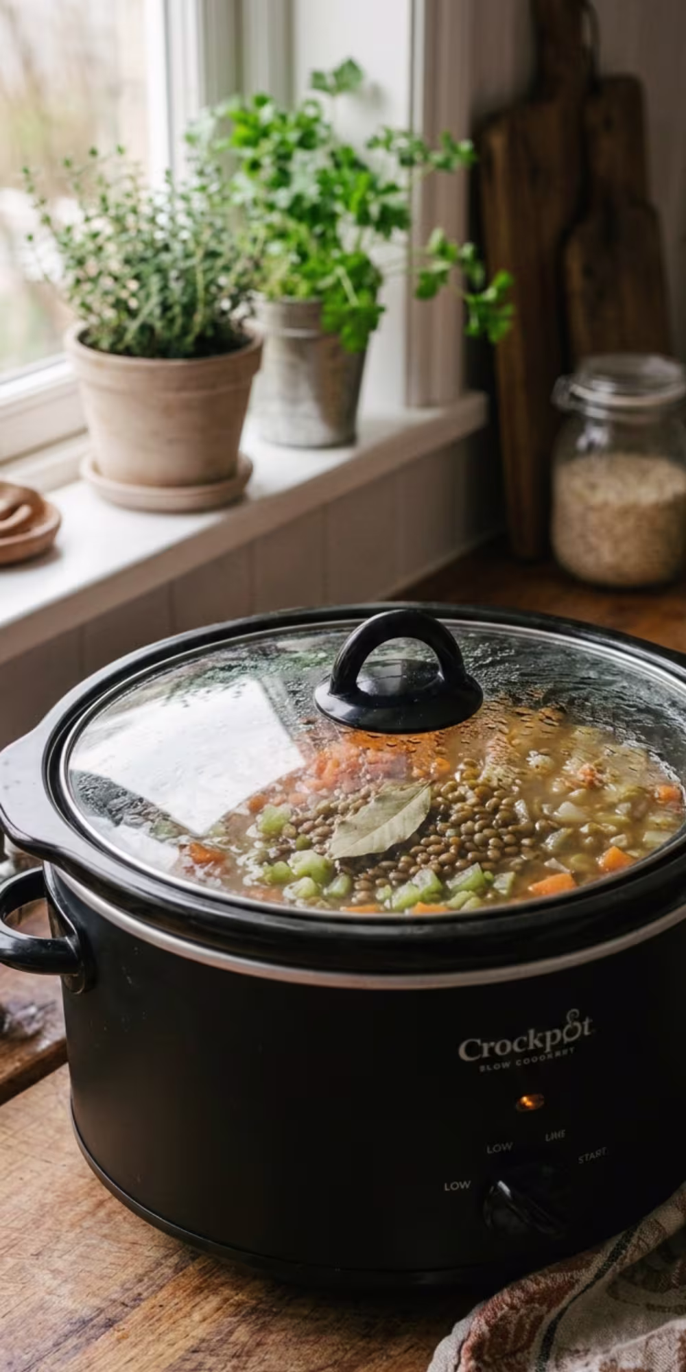 Crockpot lentil vegetable soup cooking slowly in a slow cooker