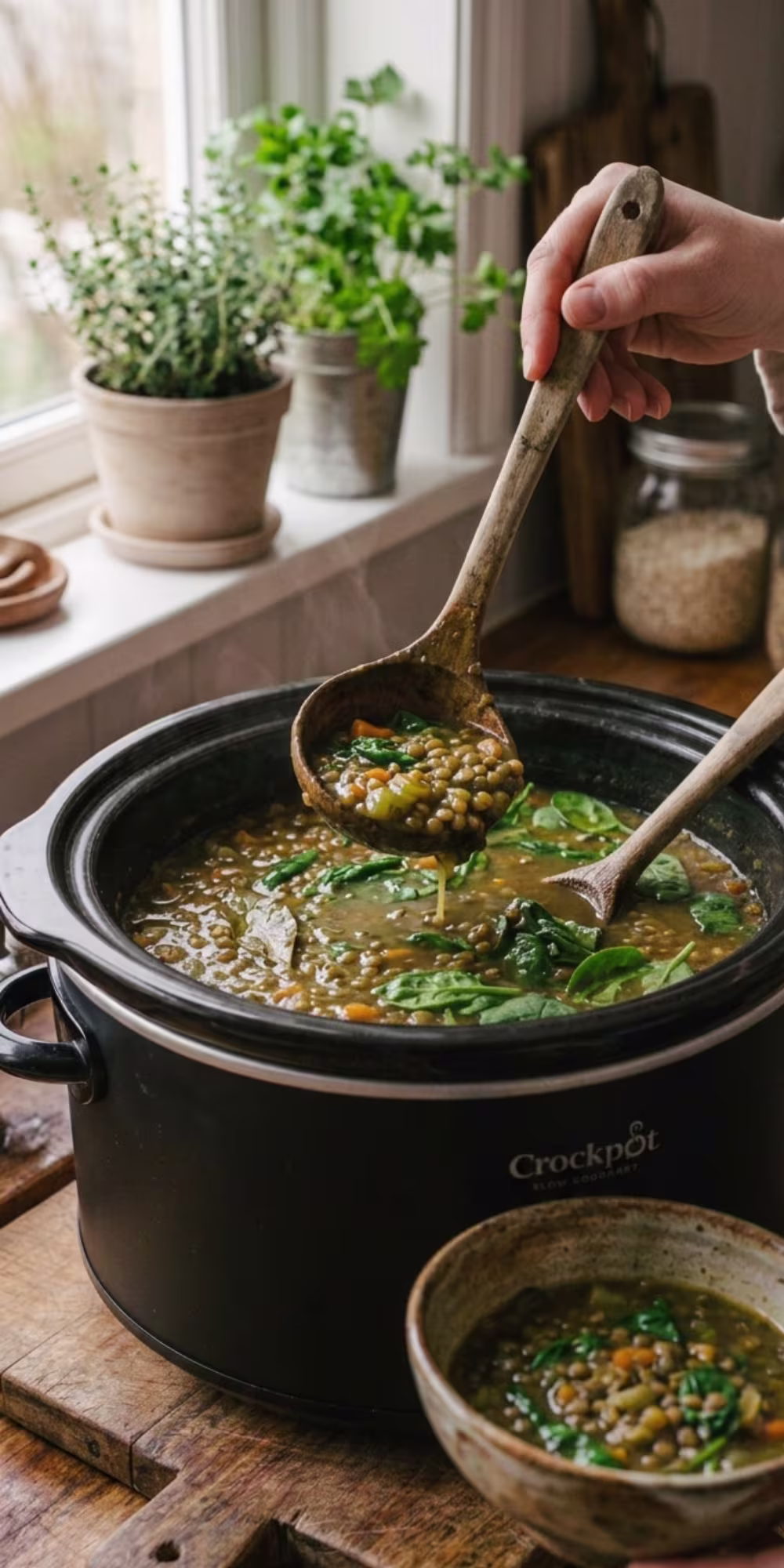 Bowl of hearty Crockpot lentil vegetable soup ready to serve