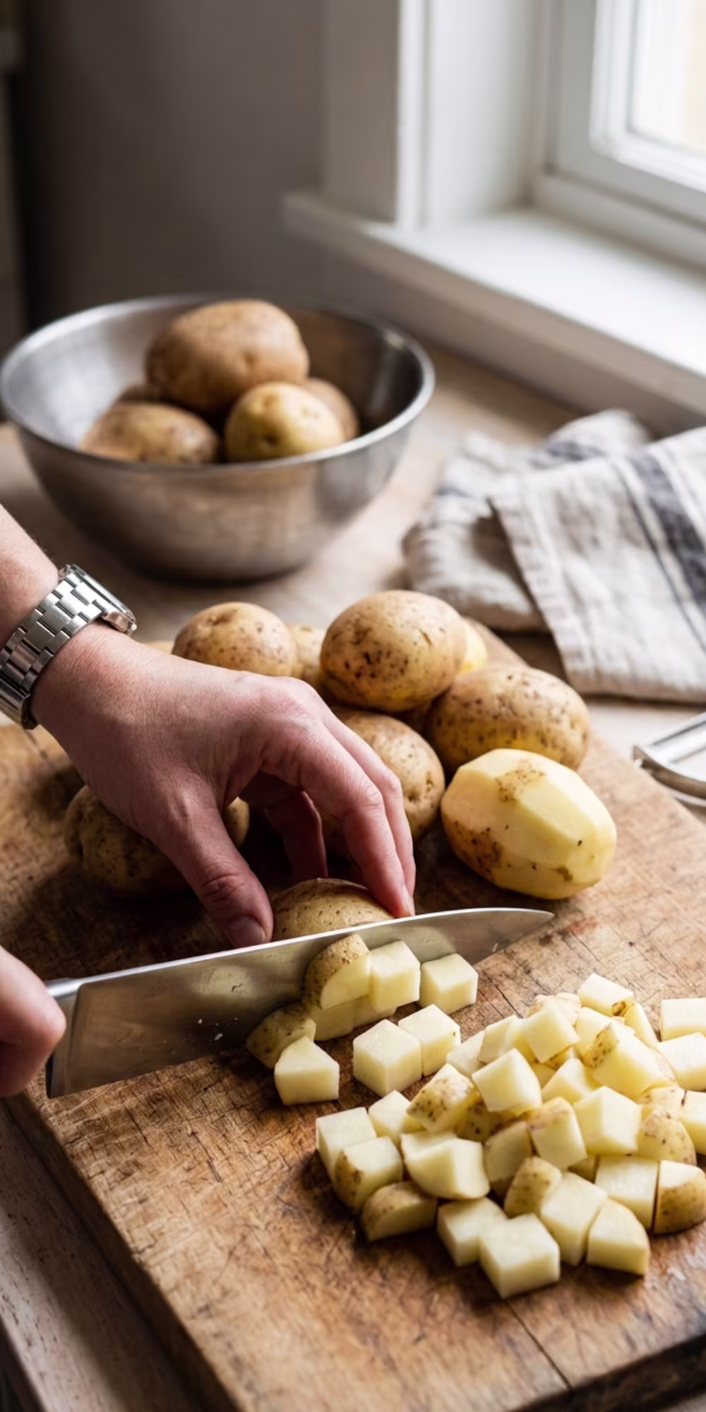 Diced potatoes prepared for creamy Crockpot potato soup