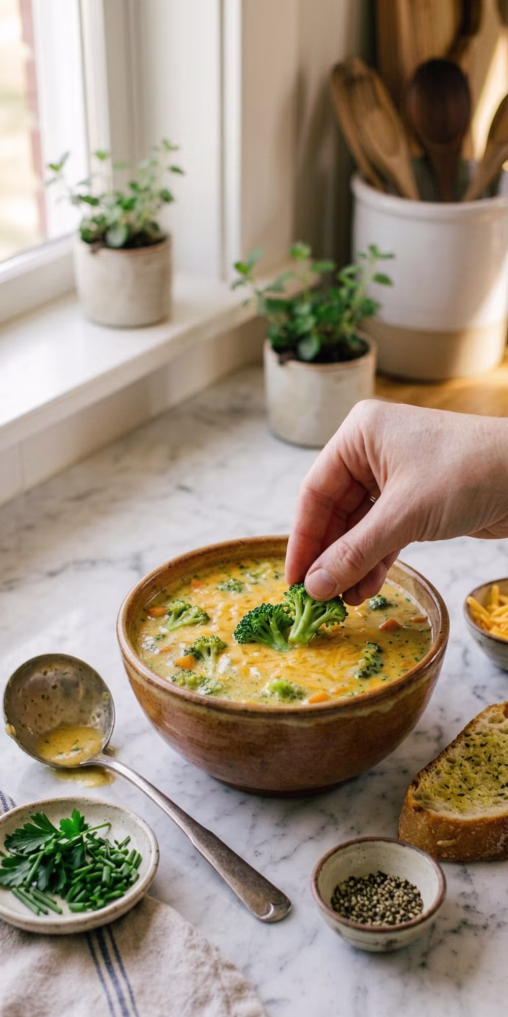 Creamy homemade Crockpot broccoli cheddar soup served with shredded cheddar and crusty bread