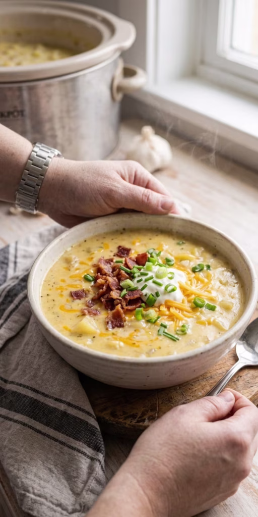 Finished creamy Crockpot potato soup topped with cheese bacon and green onions
