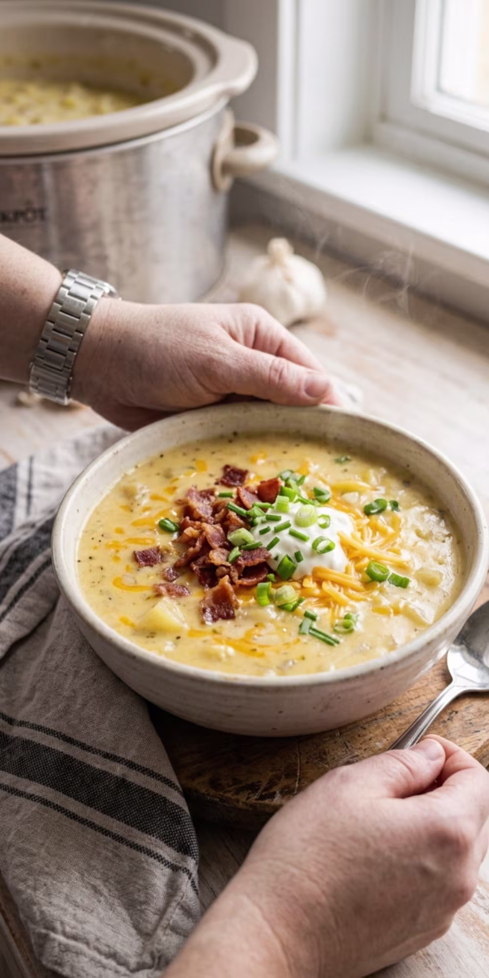 Finished creamy Crockpot potato soup topped with cheese bacon and green onions