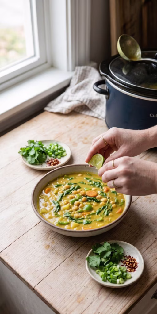 Finished creamy crockpot chickpea coconut soup garnished with cilantro and lime