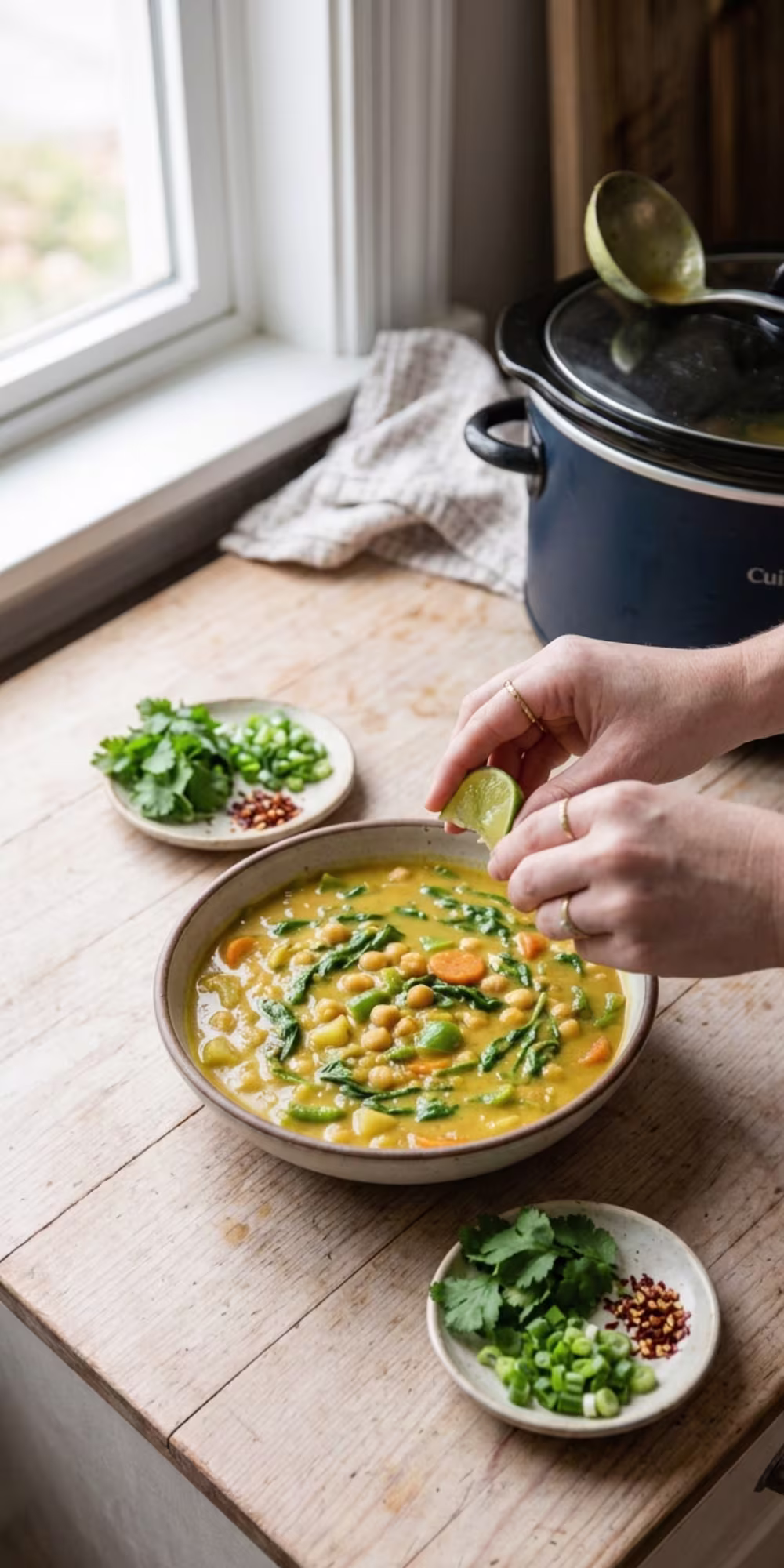 Finished creamy crockpot chickpea coconut soup garnished with cilantro and lime
