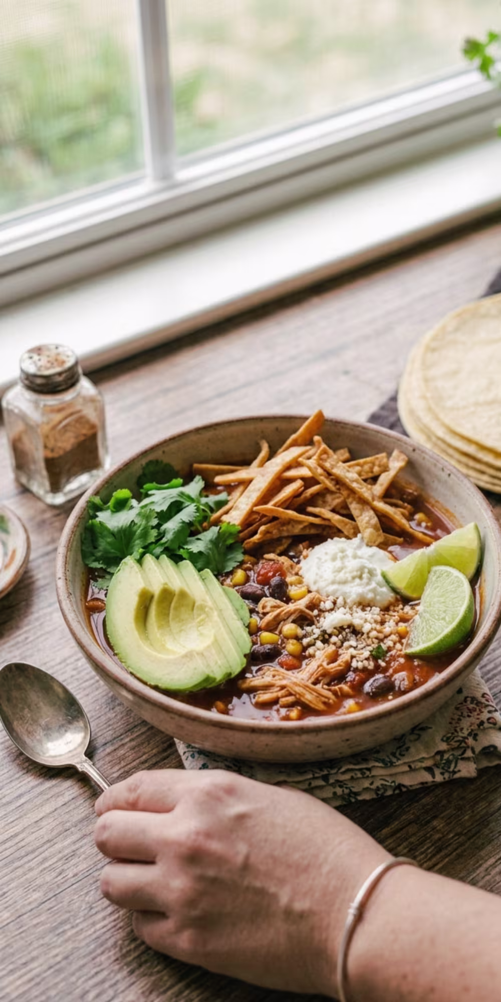 Finished crock pot chicken tortilla soup topped with tortilla strips avocado cilantro and lime