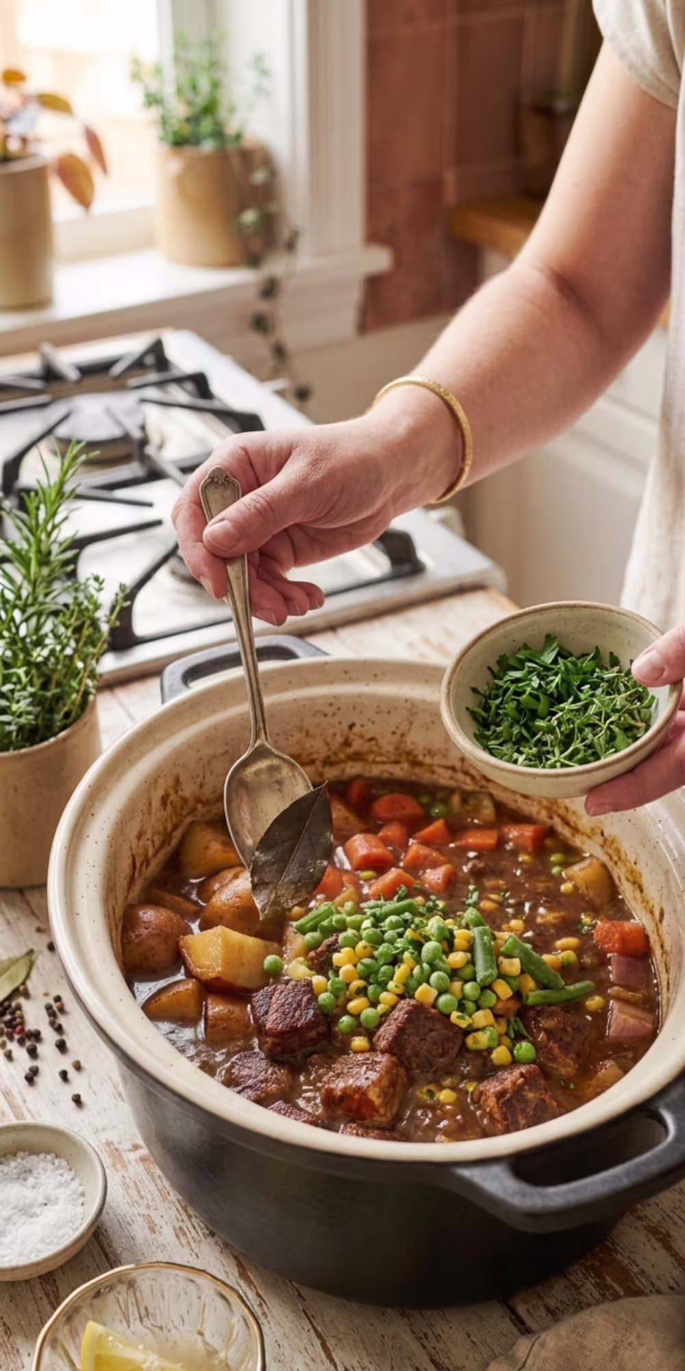 Finished hearty slow cooker vegetable beef soup with tender beef and vegetables