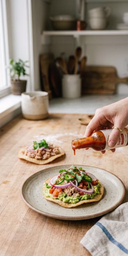 Finished spicy tuna and avocado tostadas served with lime wedges