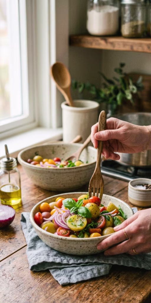 Finished tomato potato salad with fresh herbs served in a bowl