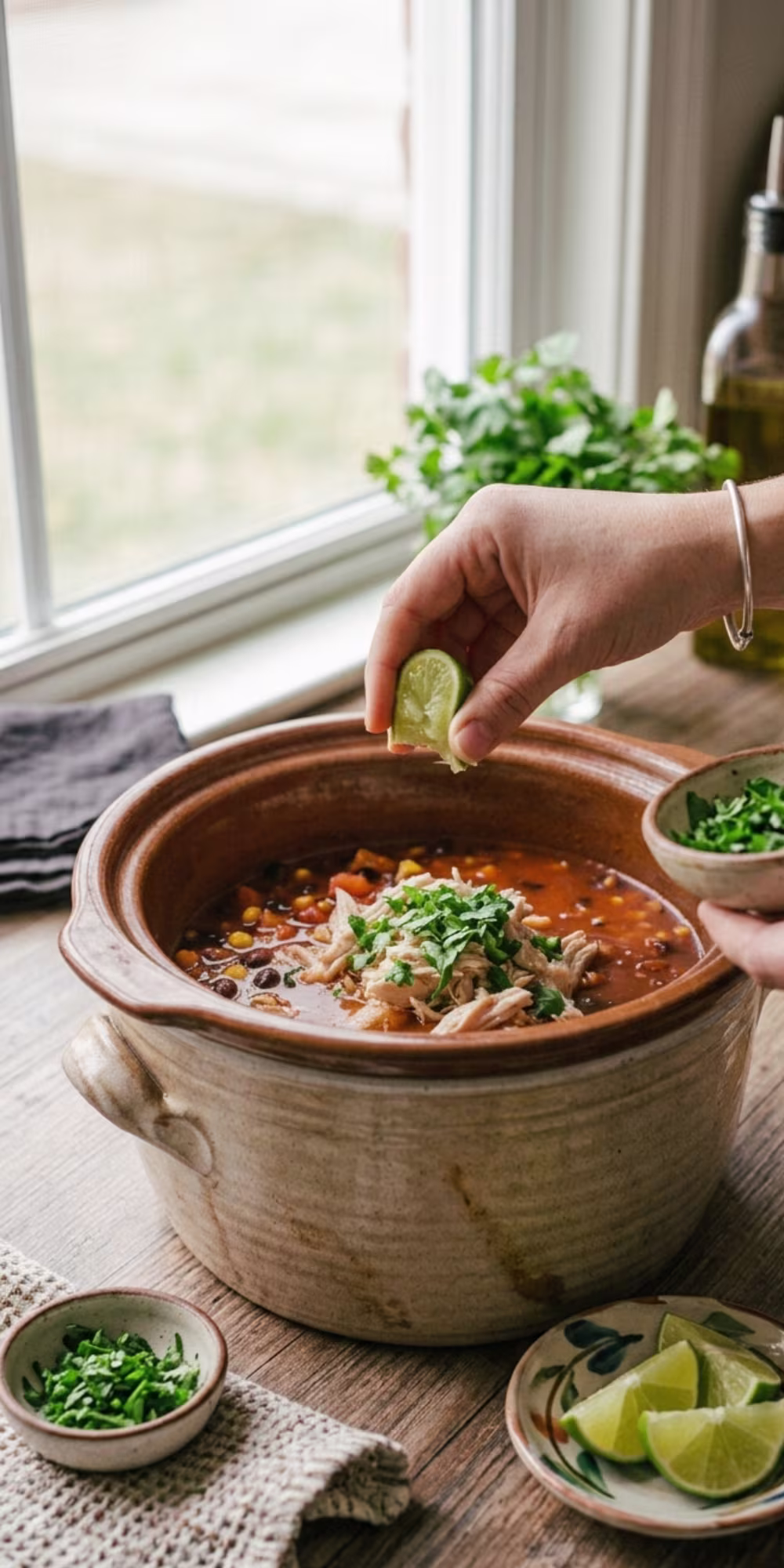 Fresh lime and cilantro added to homemade chicken tortilla soup