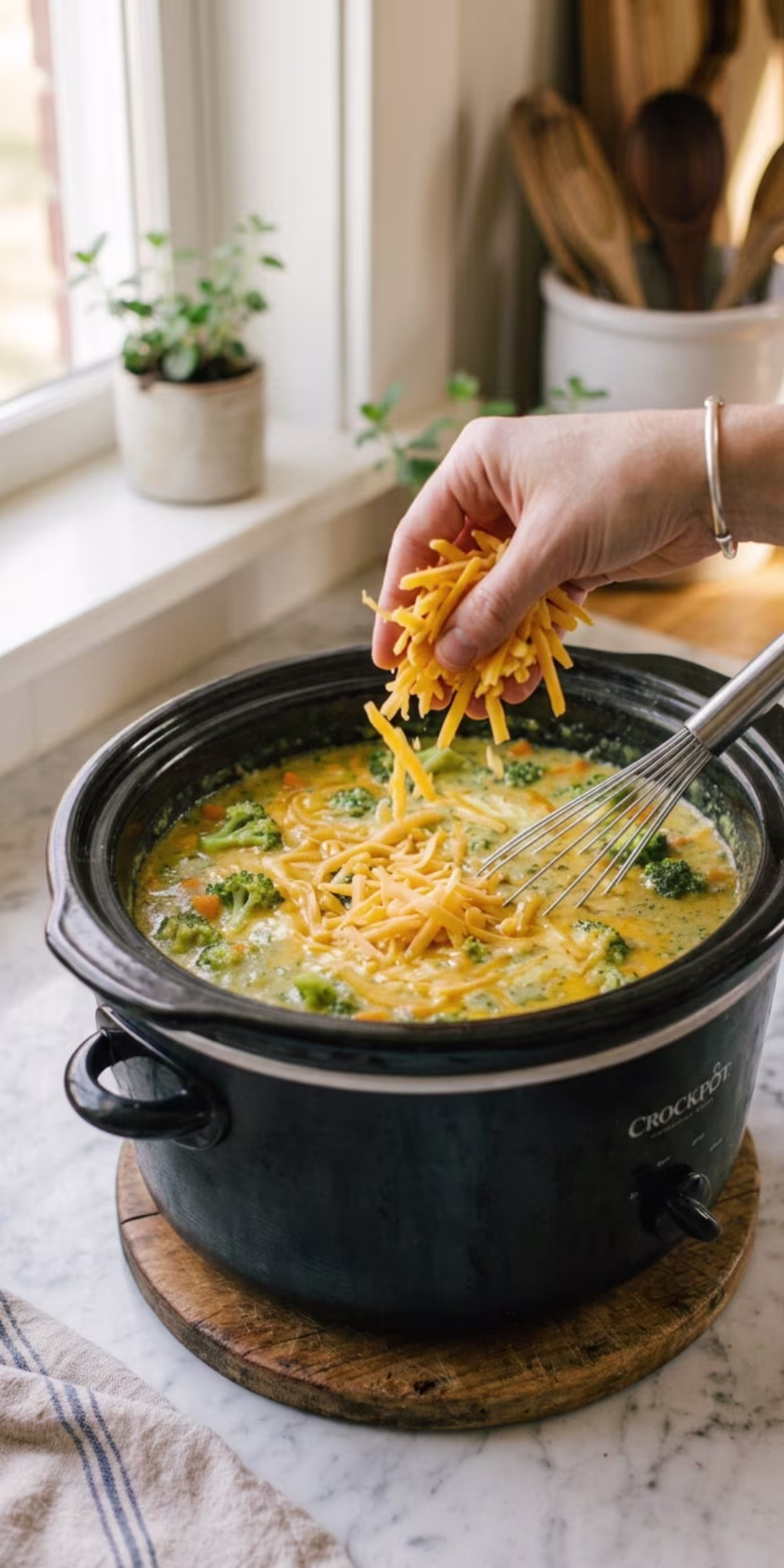 Freshly shredded sharp cheddar cheese being added to creamy Crockpot broccoli soup