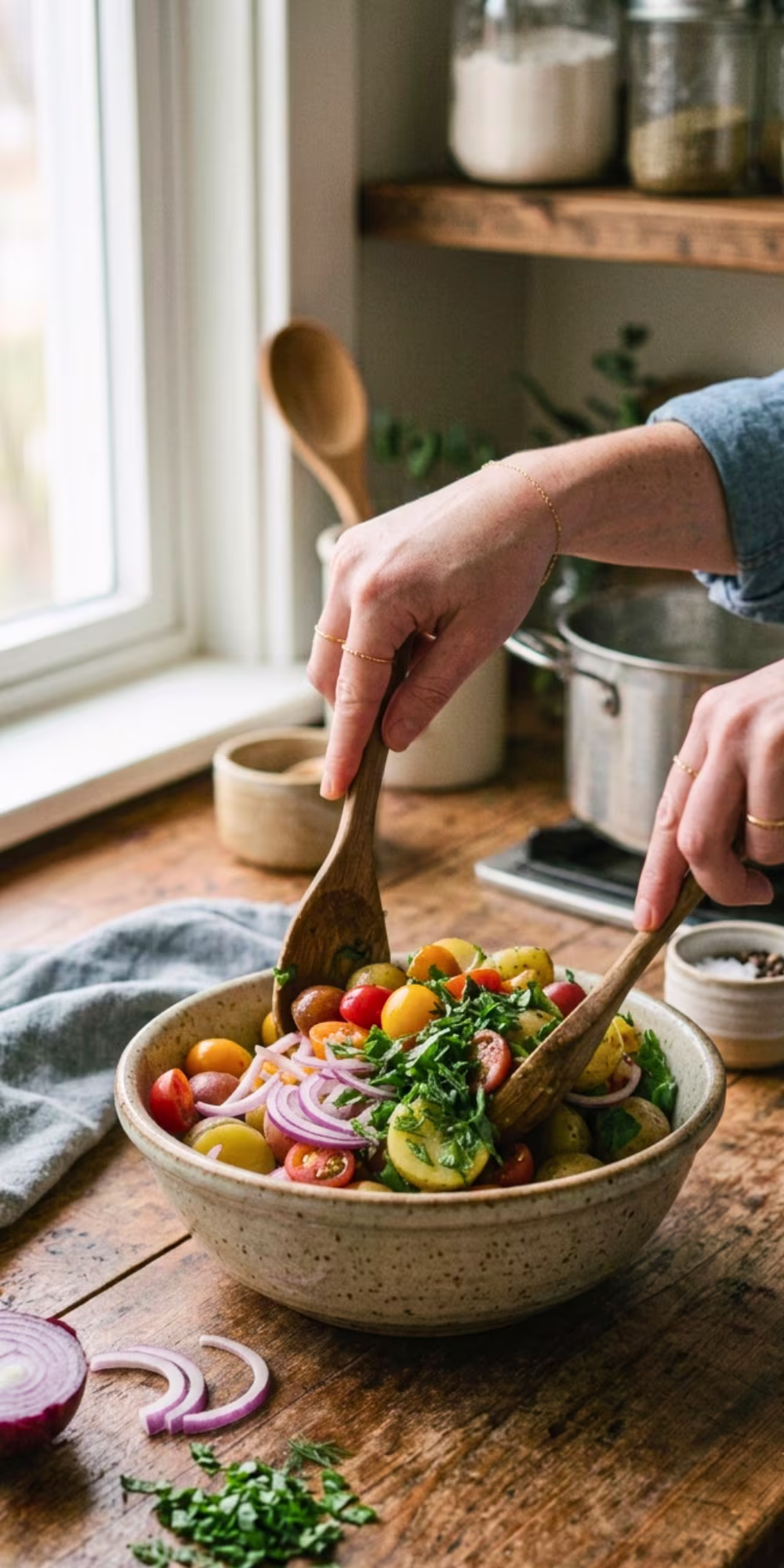 Gently mixing fresh tomato potato salad in a bowl