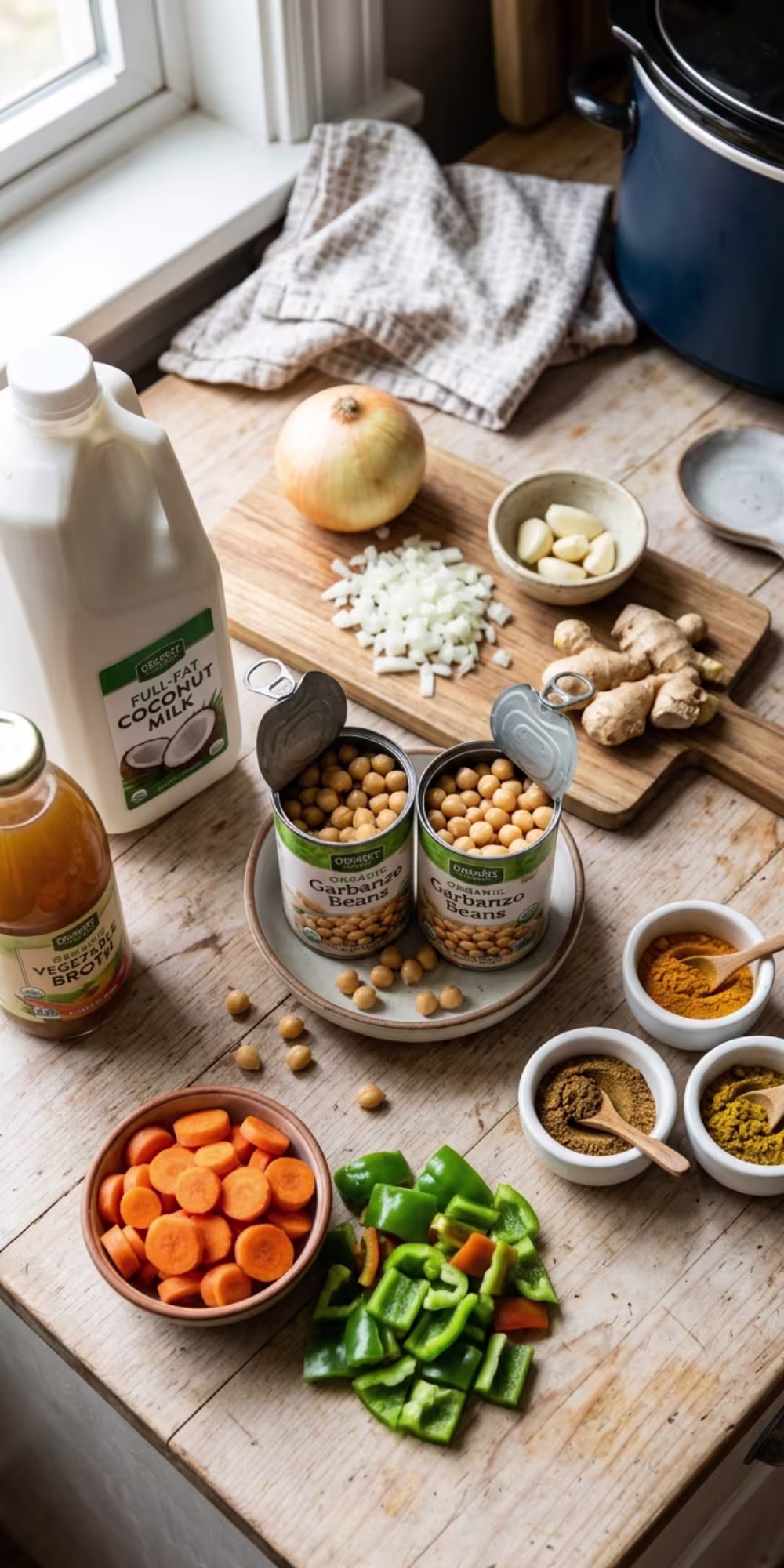 Ingredients for crockpot chickpea coconut soup including chickpeas, coconut milk, vegetables and spices