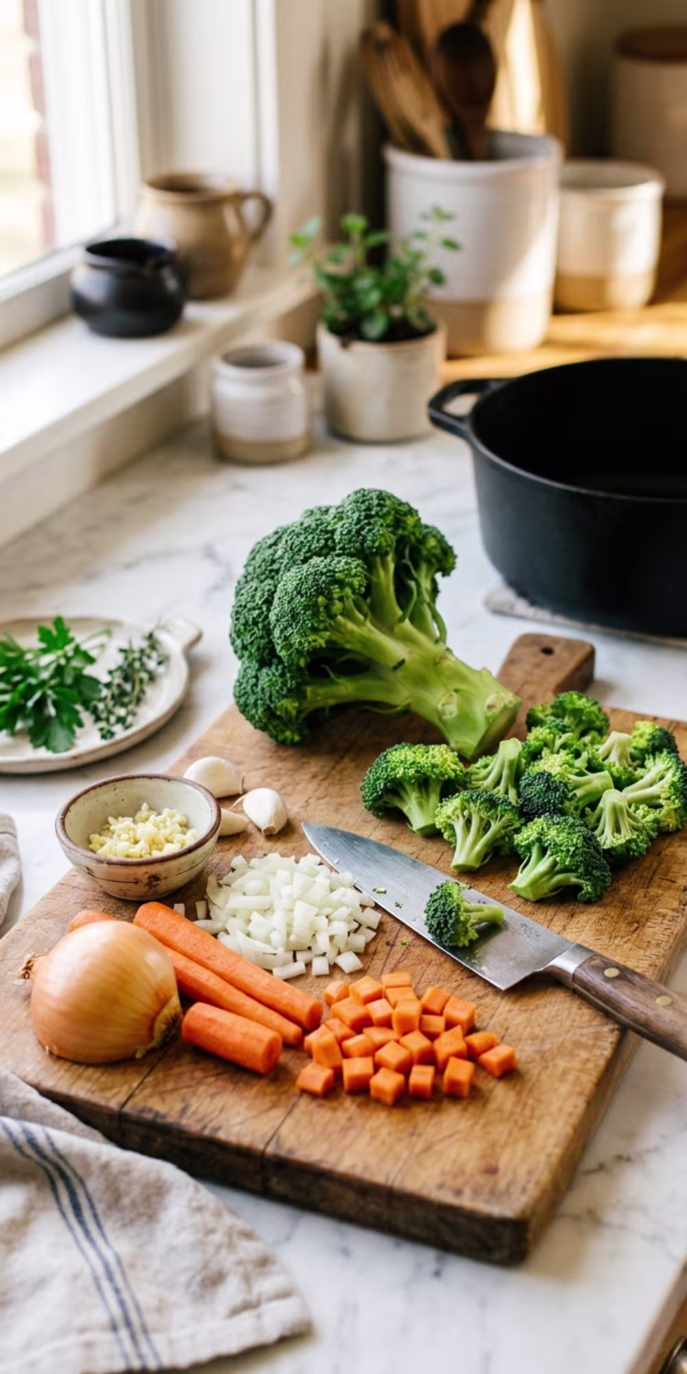 Fresh broccoli florets, carrots, onion and garlic prepared for crockpot broccoli cheddar soup