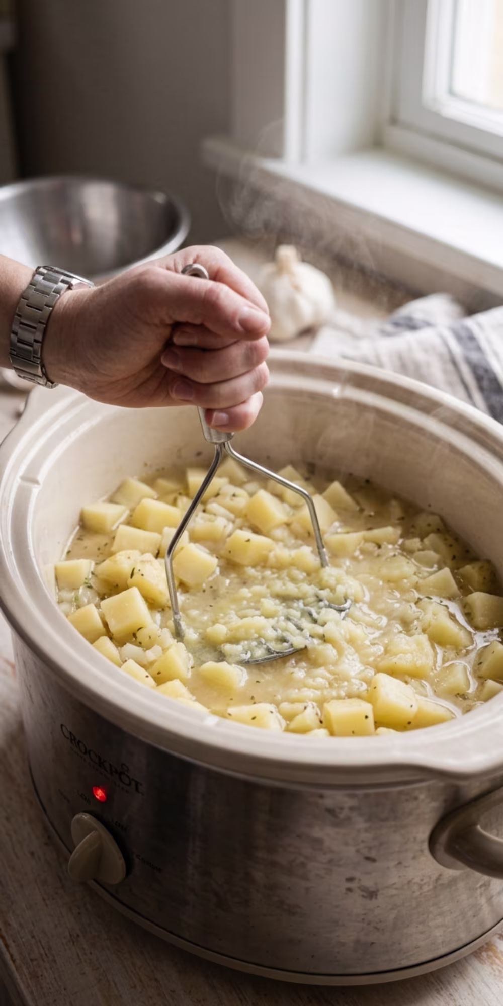Mashing tender potatoes in a Crockpot to thicken creamy potato soup