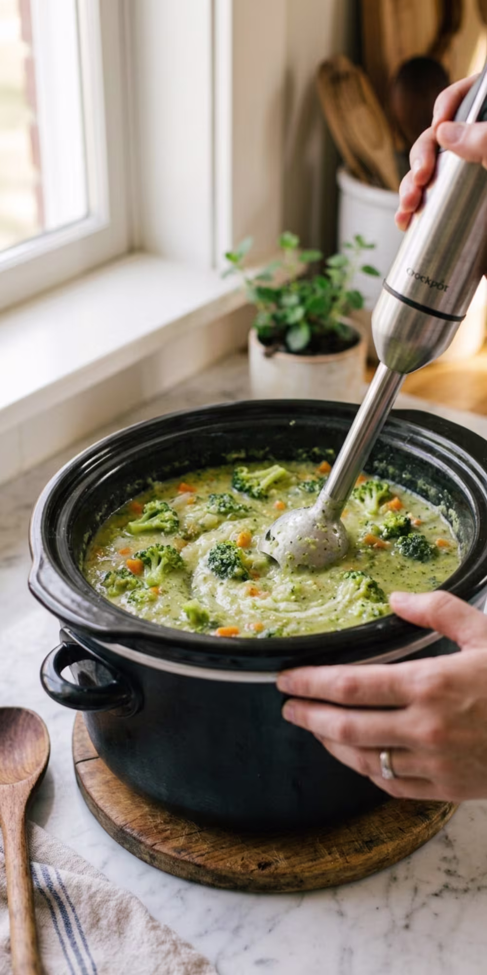 Immersion blender partially blending broccoli cheddar soup in a Crockpot