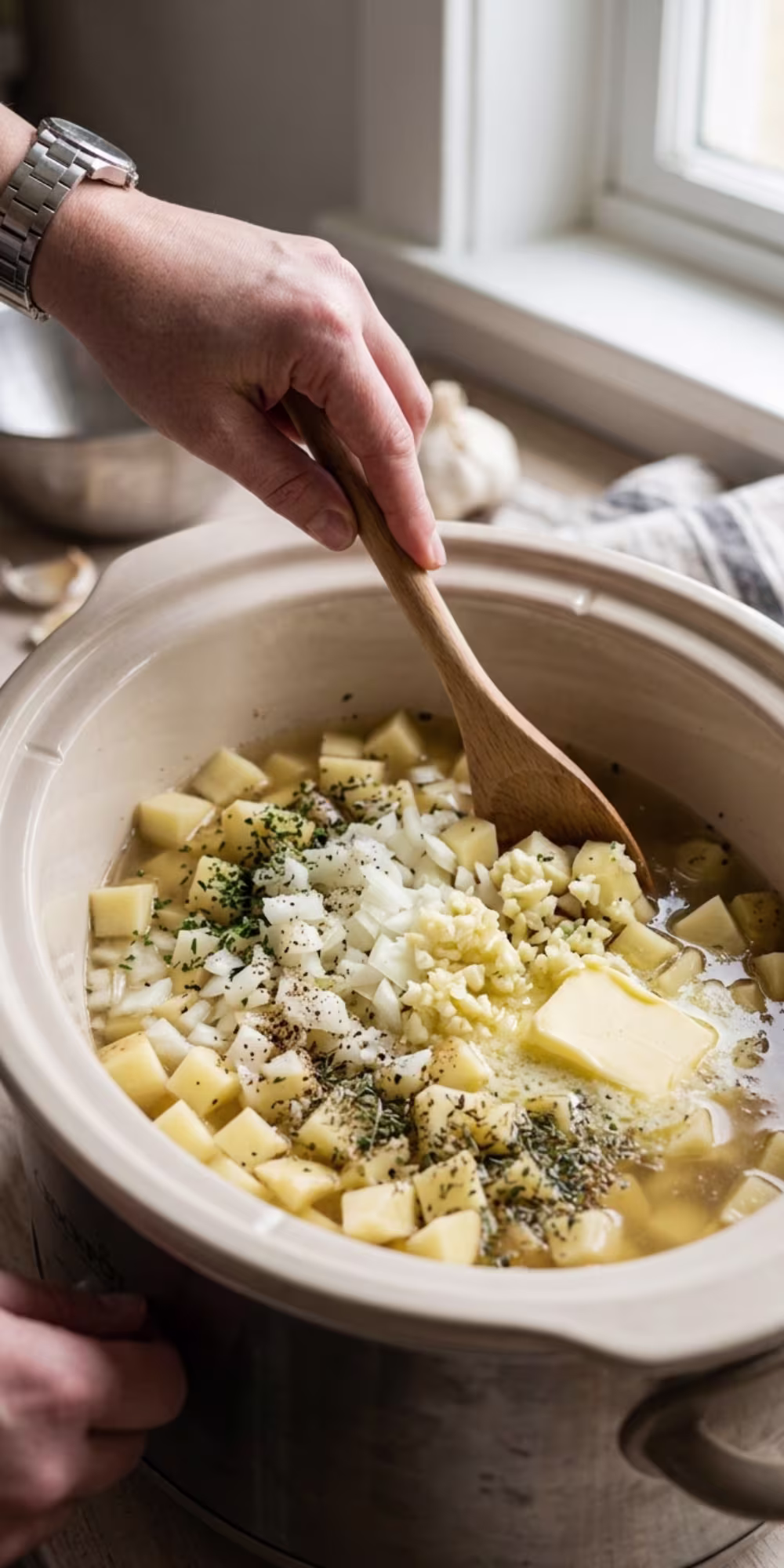 Potatoes, onion, broth and seasonings added to a slow cooker for potato soup