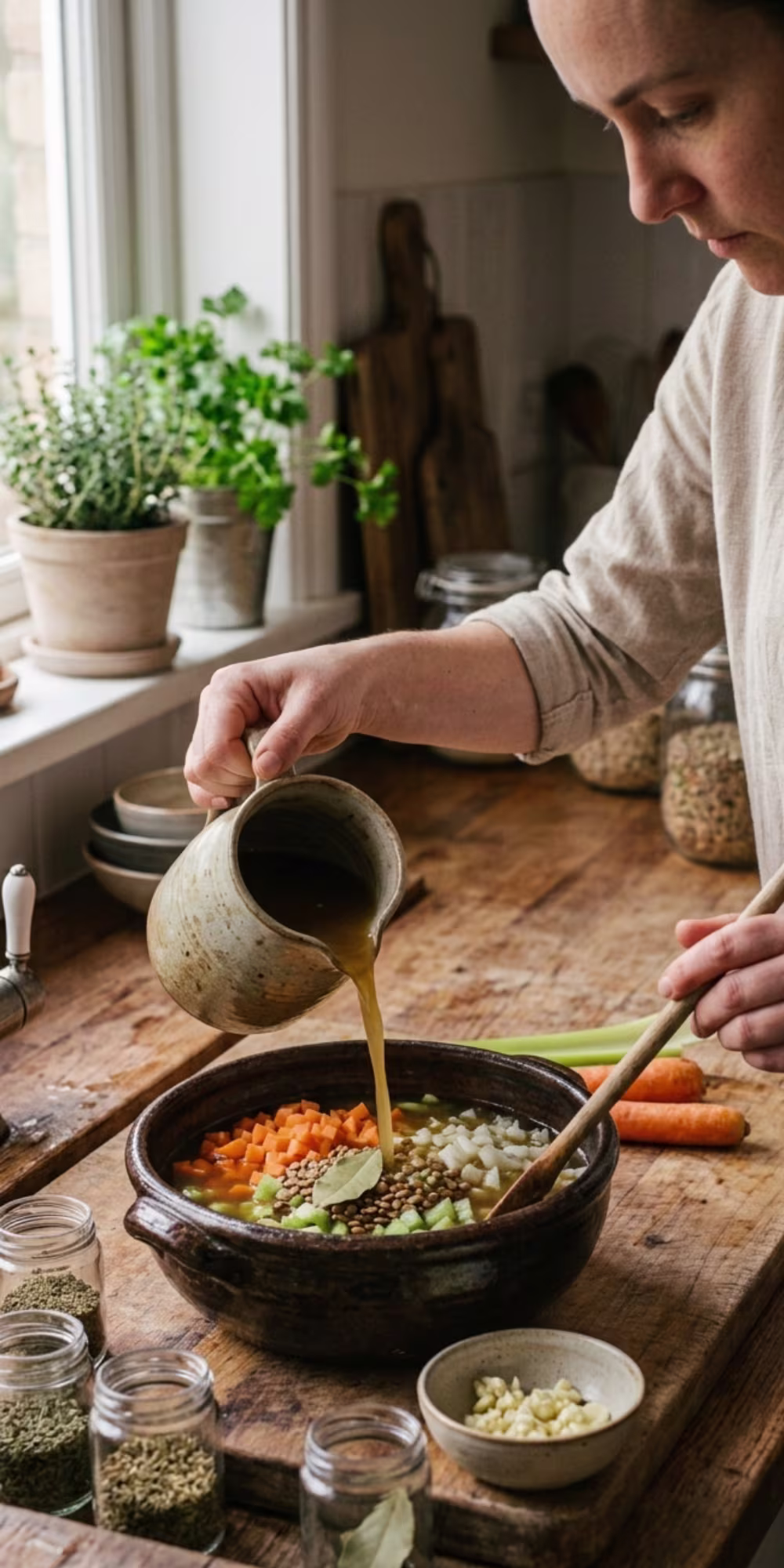 Pouring vegetable broth into slow cooker lentil vegetable soup ingredients