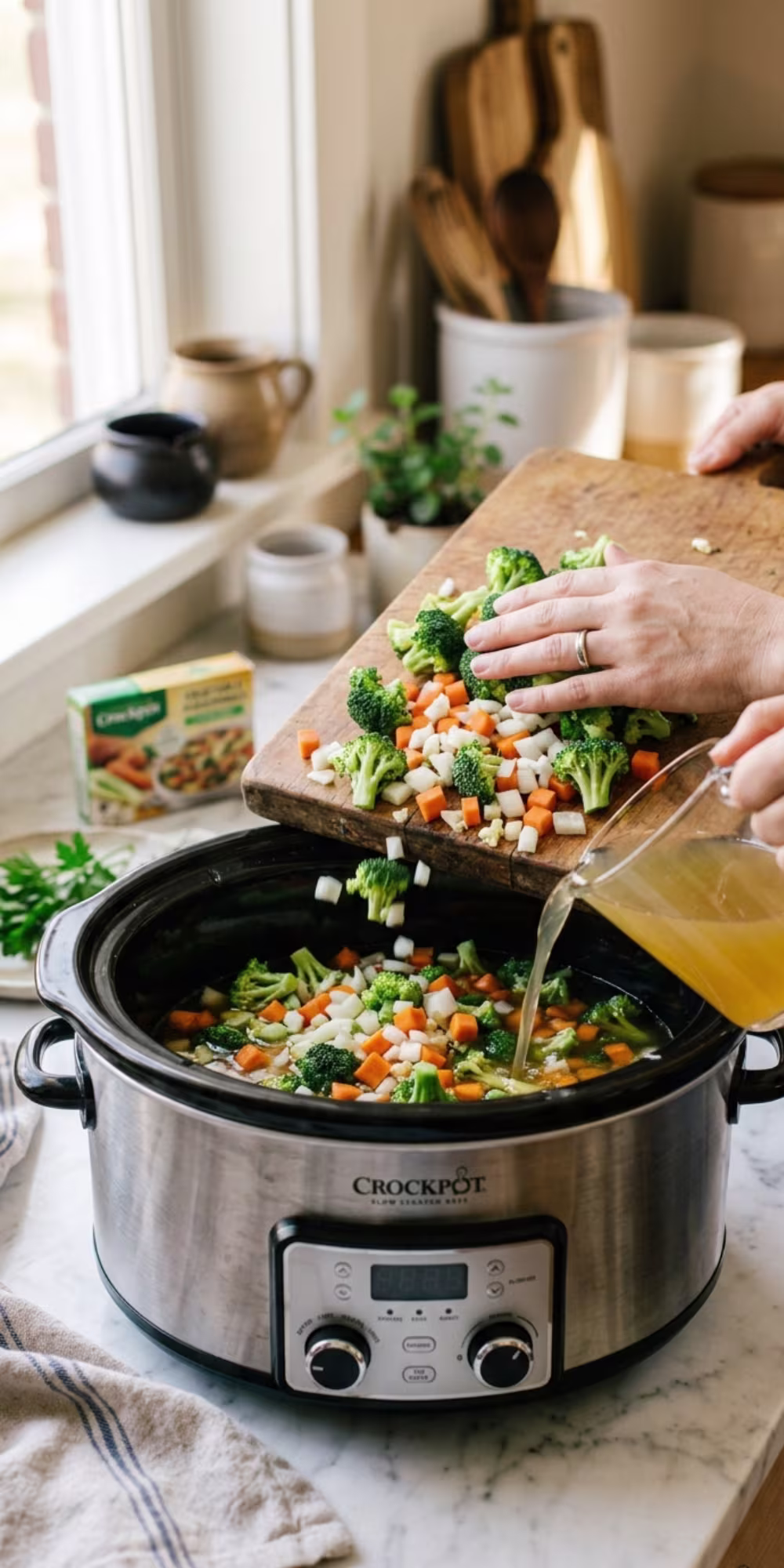 Broccoli, carrots, onion, garlic and broth added to a slow cooker for broccoli cheddar soup