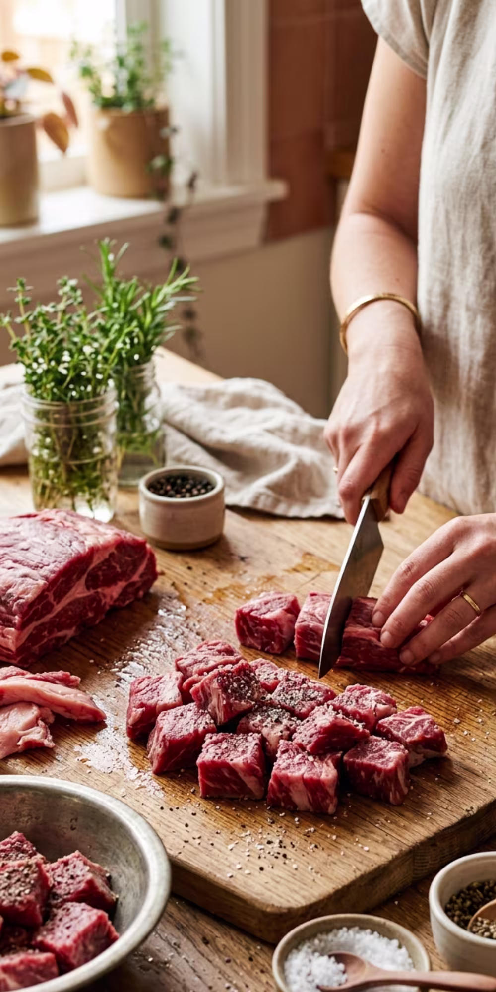 Seasoned beef pieces prepared for slow cooker vegetable beef soup