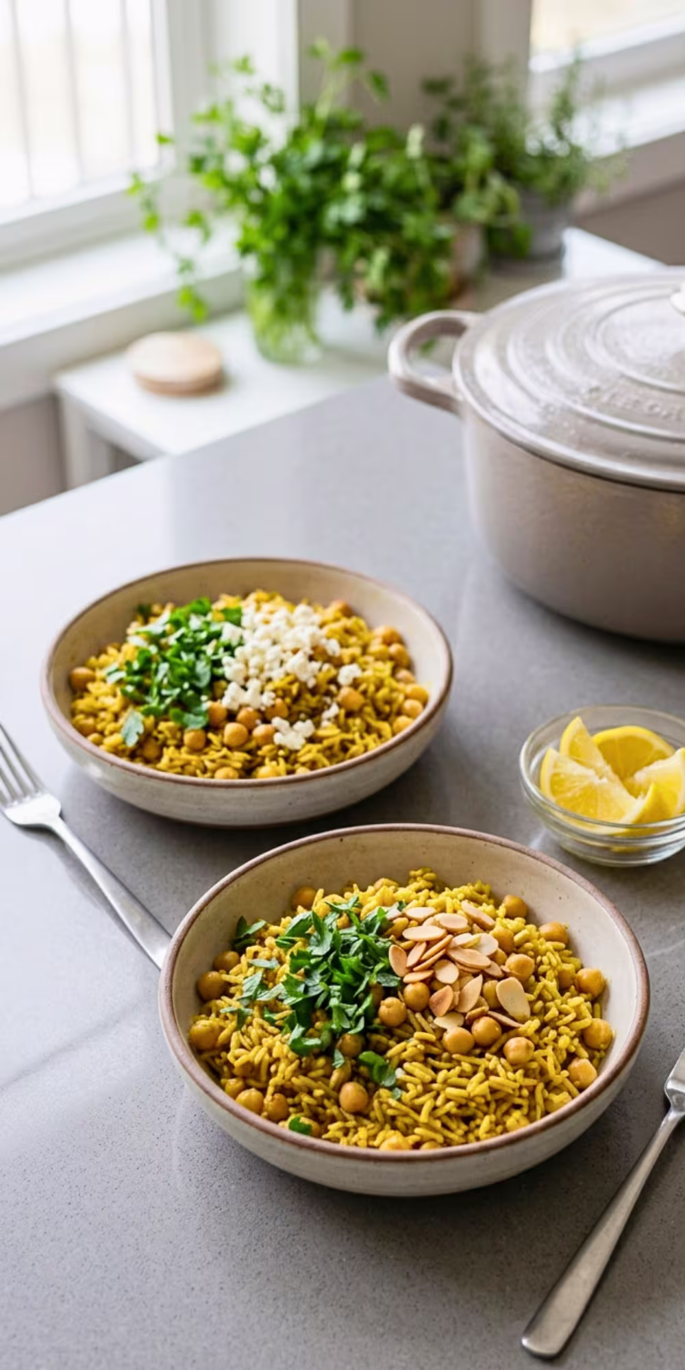 Serving homemade Mediterranean chickpea rice