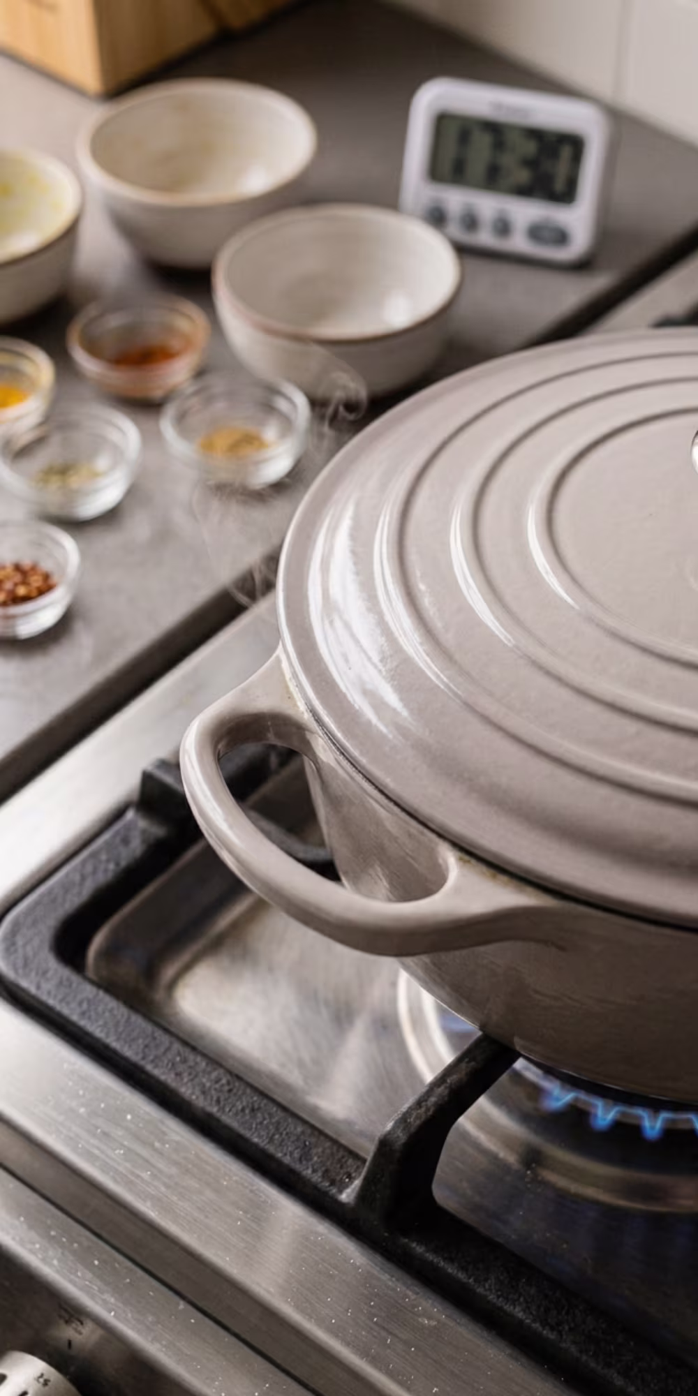 Simmering chickpea rice with lid on