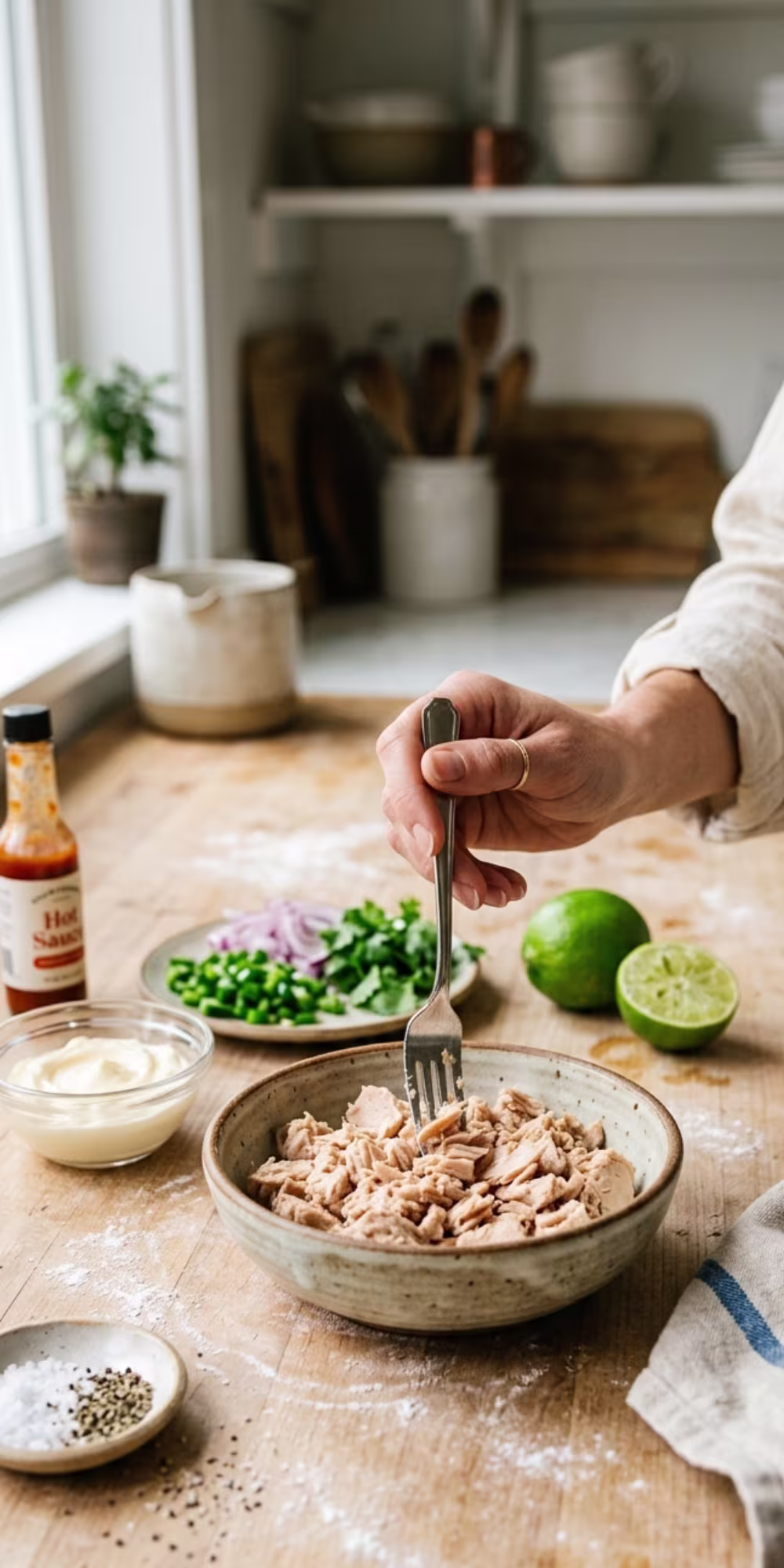 Spicy tuna mixture being prepared for tuna avocado tostadas