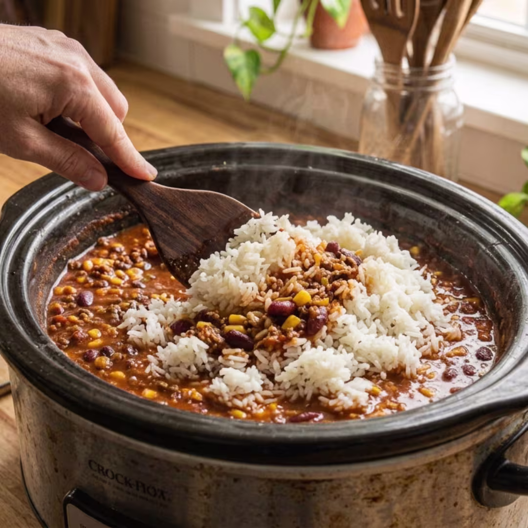 Stirring cooked rice into finished crockpot taco soup