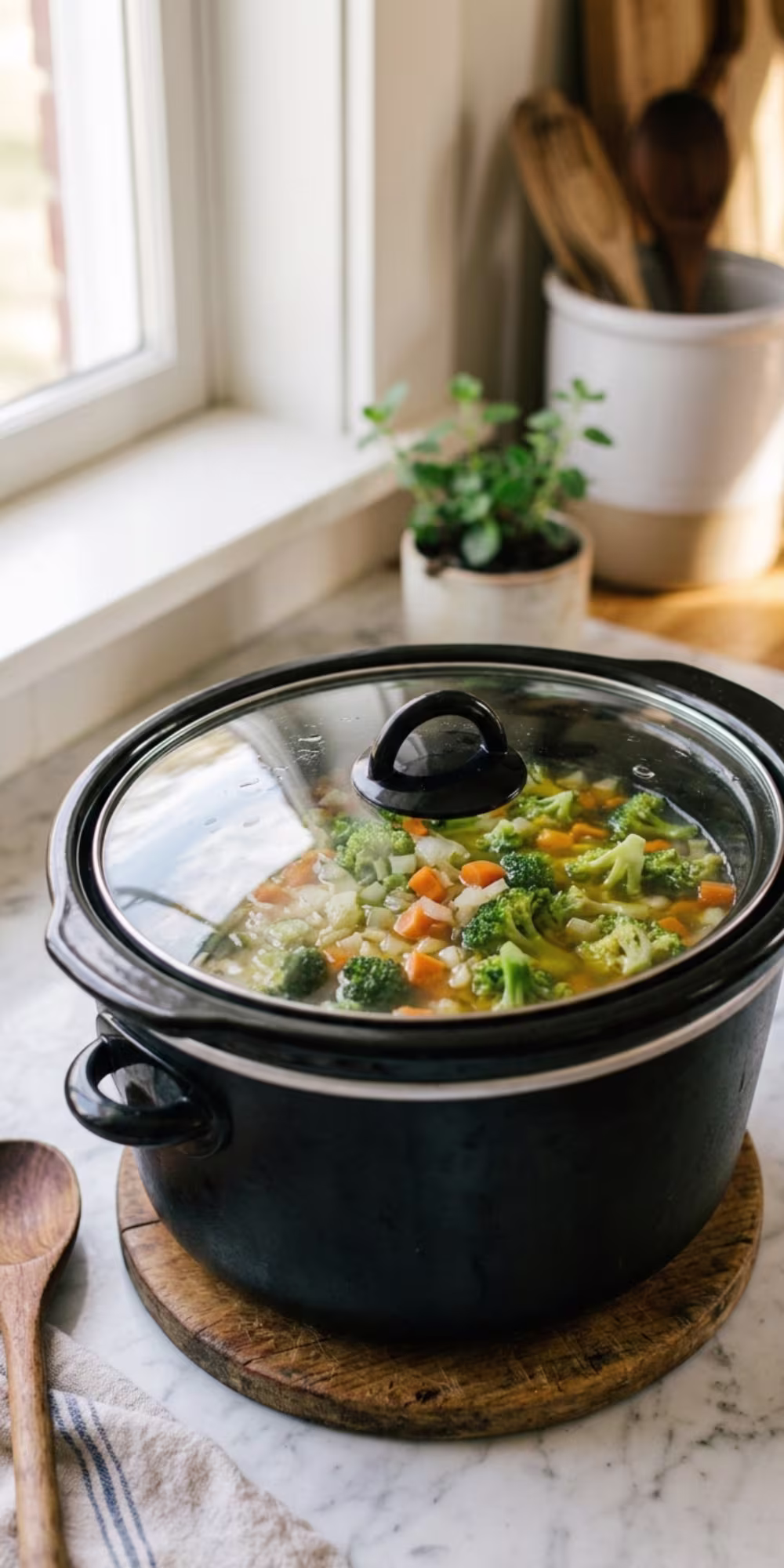 Tender broccoli and vegetables cooking in a Crockpot for homemade broccoli cheddar soup