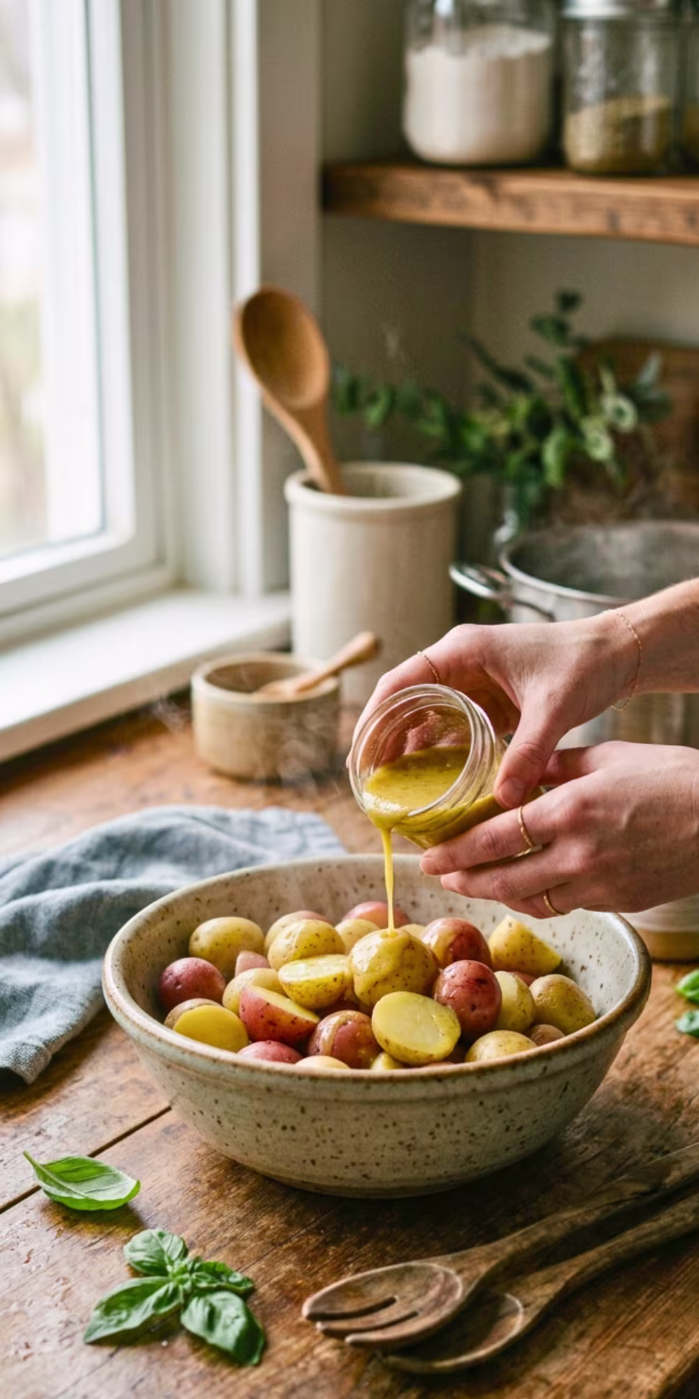 Tossing warm potatoes with homemade dressing