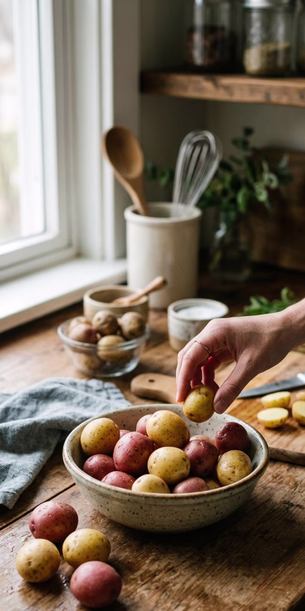 Washing and cutting potatoes for tomato potato salad
