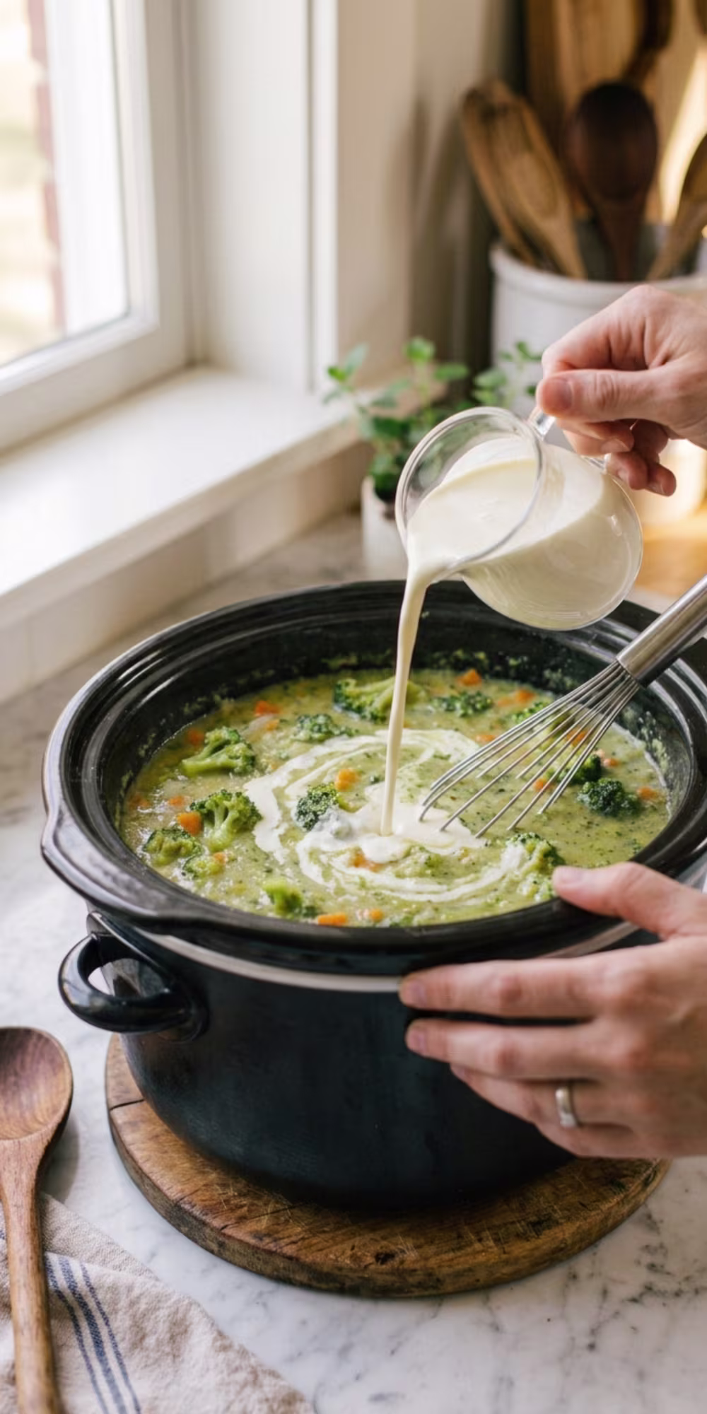 Cream being stirred into creamy broccoli cheddar soup in a slow cooker
