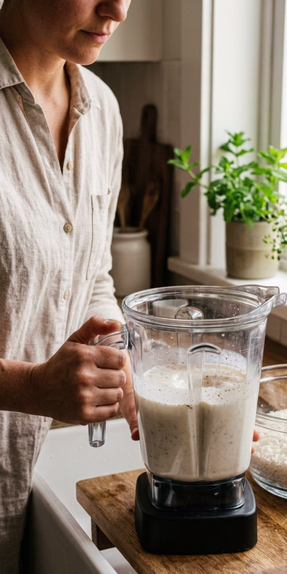 Blending soaked rice and cinnamon for creamy horchata recipe