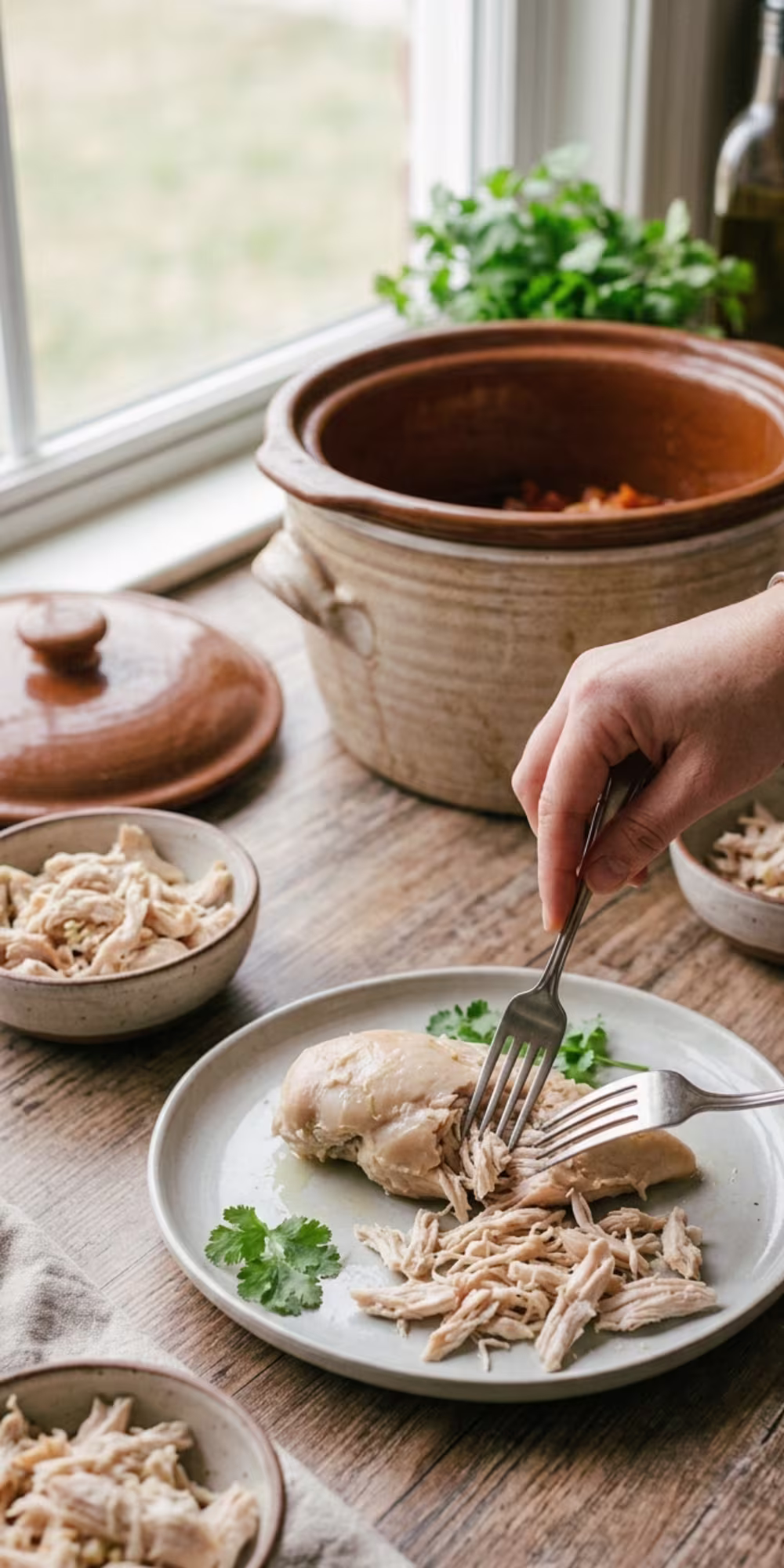 Tender cooked chicken being shredded for crock pot chicken tortilla soup