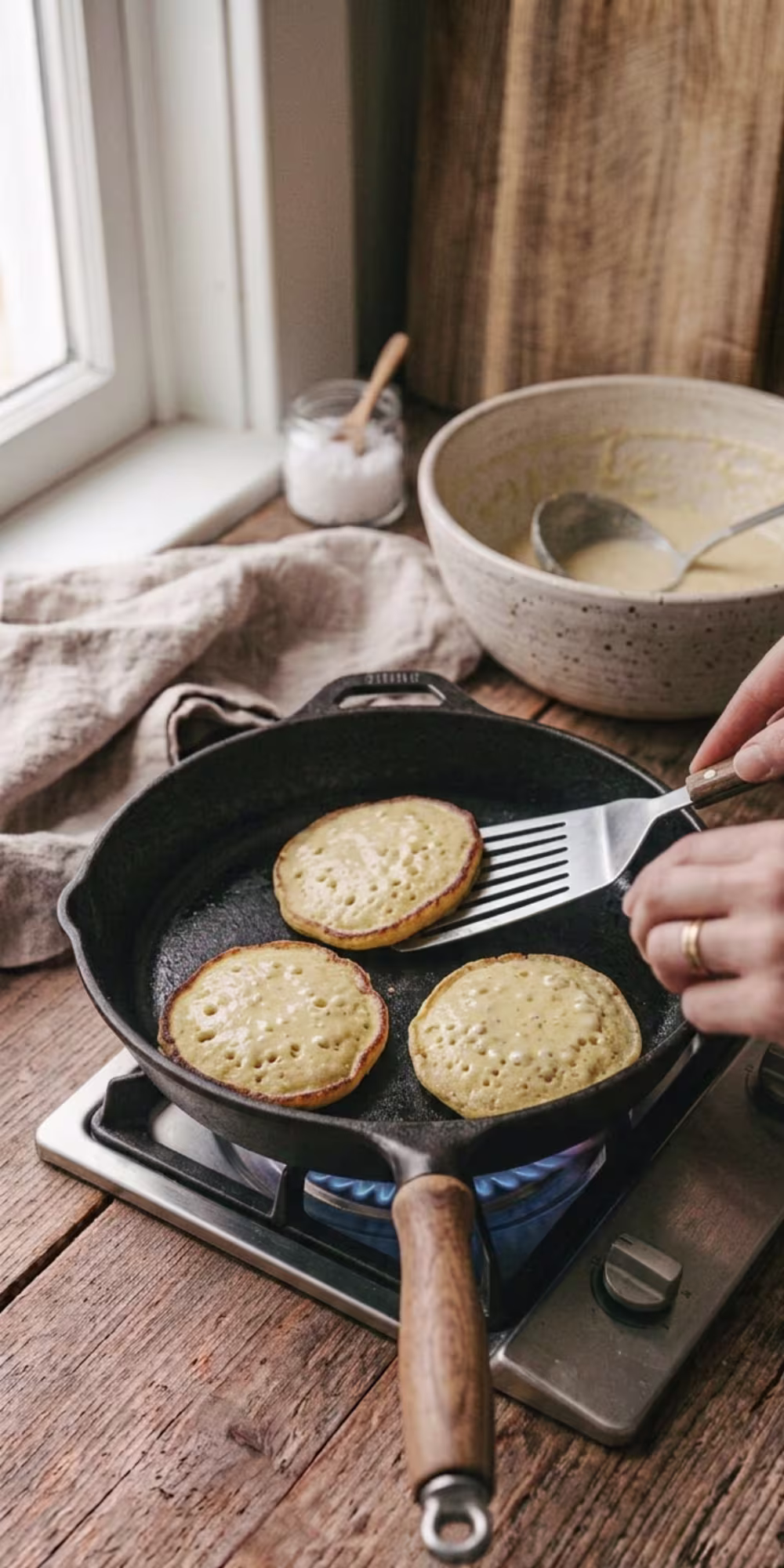 Masa harina pancake batter cooking on a hot skillet with bubbles forming on top