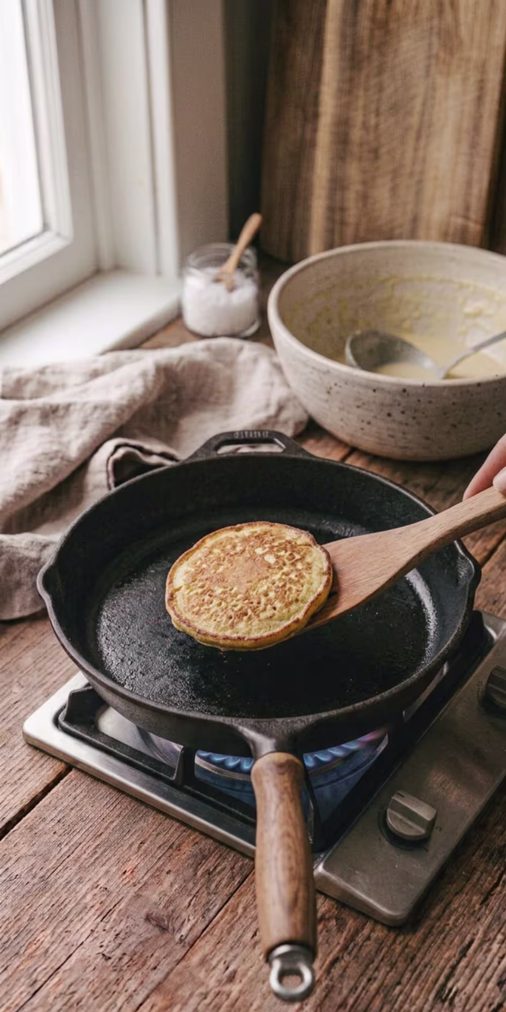 Golden masa pancake being flipped with a spatula in a skillet