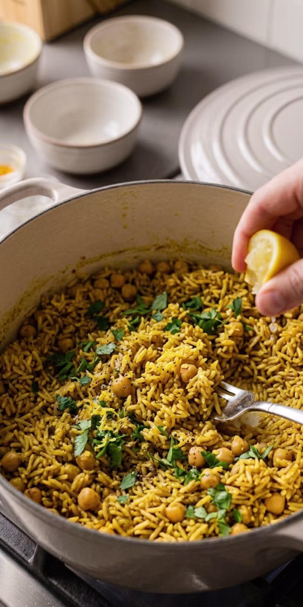 Fluffing fluffy chickpea rice with fork