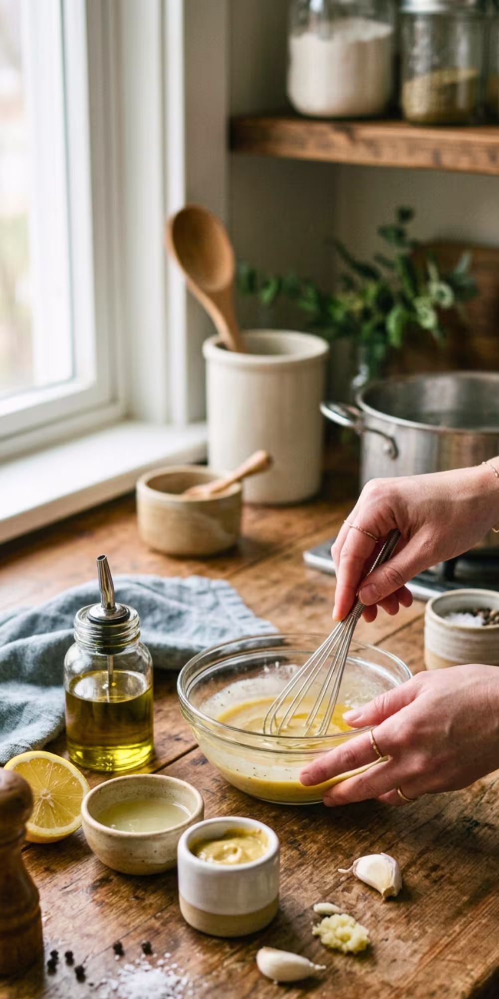 Making homemade olive oil vinaigrette dressing for tomato potato salad