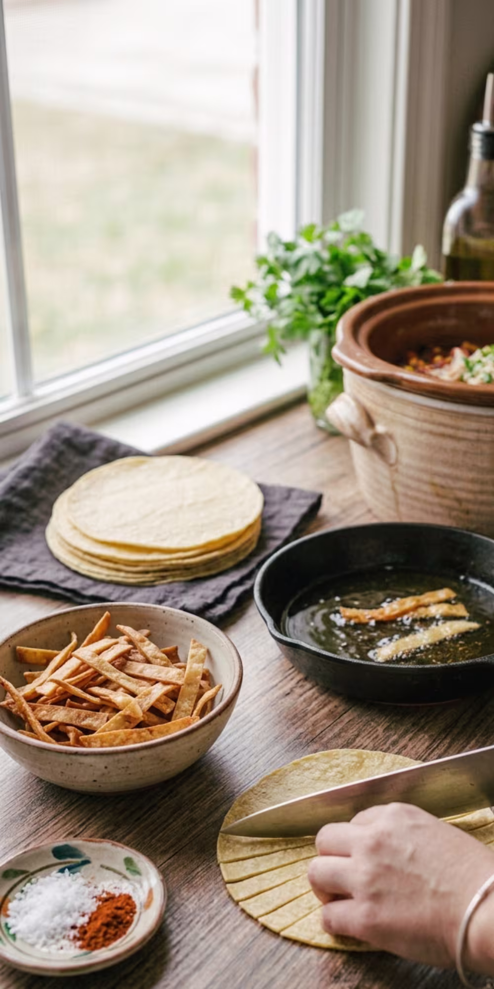 Crispy homemade tortilla strips for chicken tortilla soup