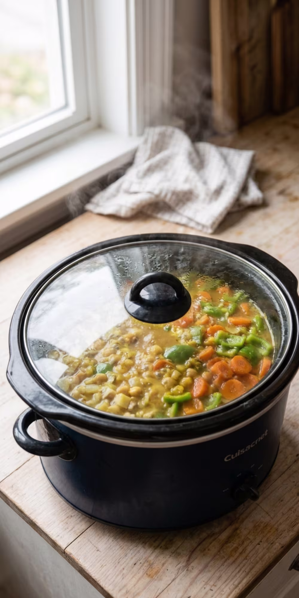 Chickpea soup ingredients cooking together in a crockpot