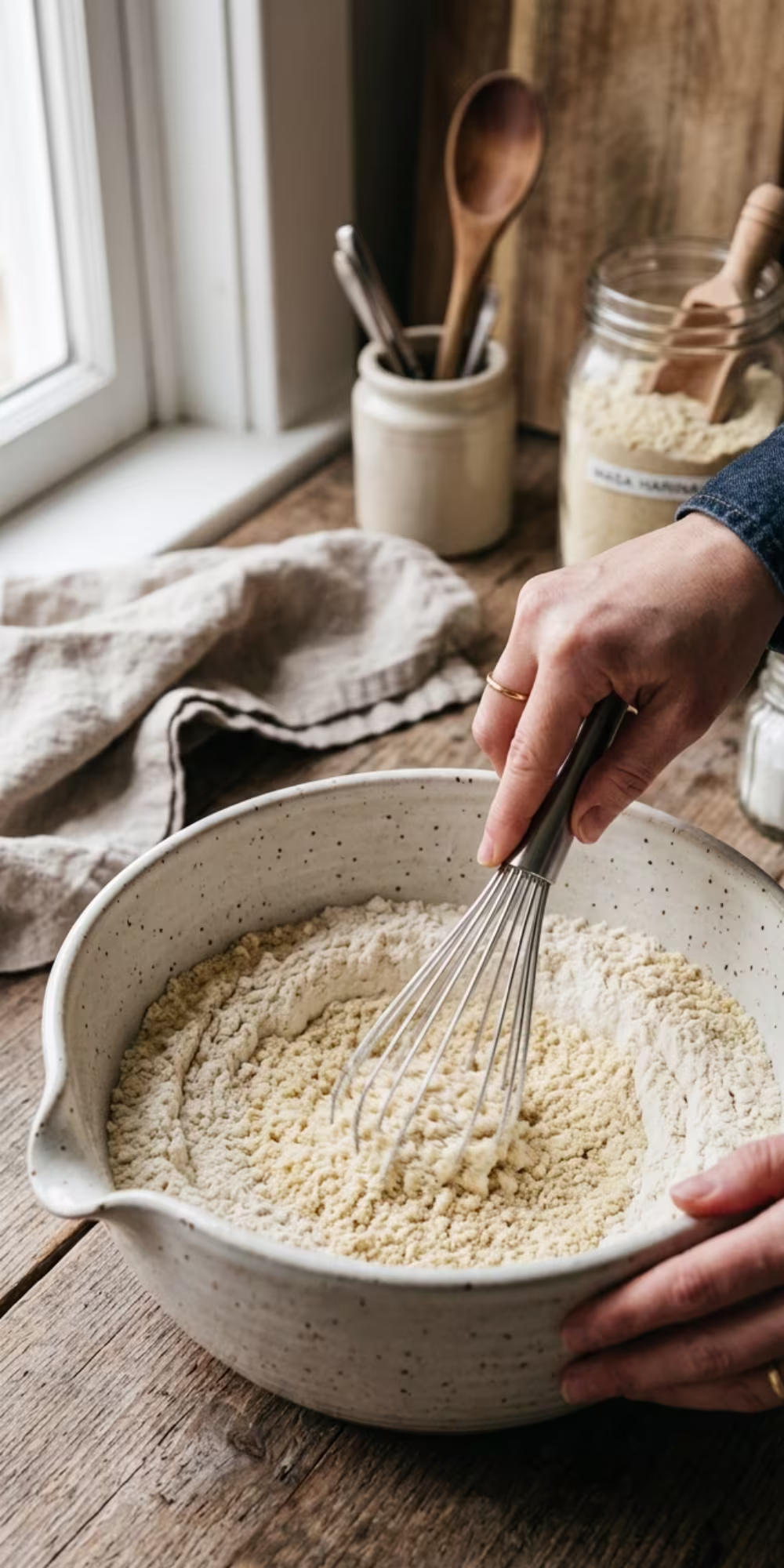 Masa harina, flour, baking powder and other dry ingredients mixed in a bowl for masa harina pancakes