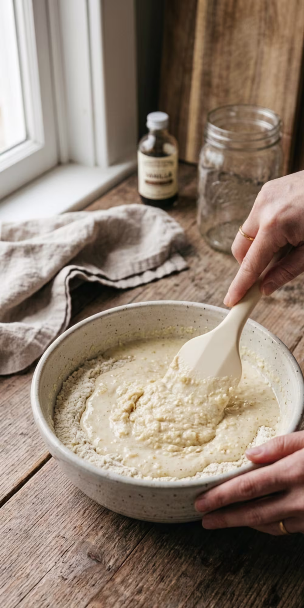 Masa pancake batter being gently mixed with a whisk in a large bowl