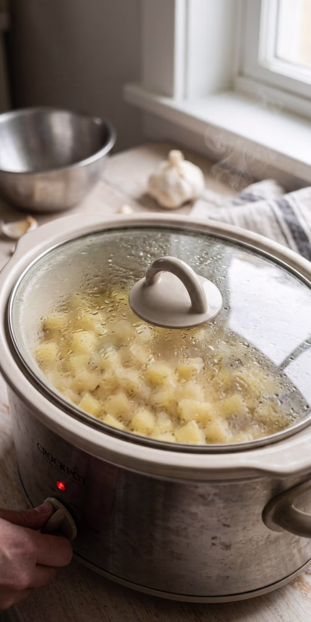 Tender potatoes cooking in a Crockpot for homemade slow cooker potato soup