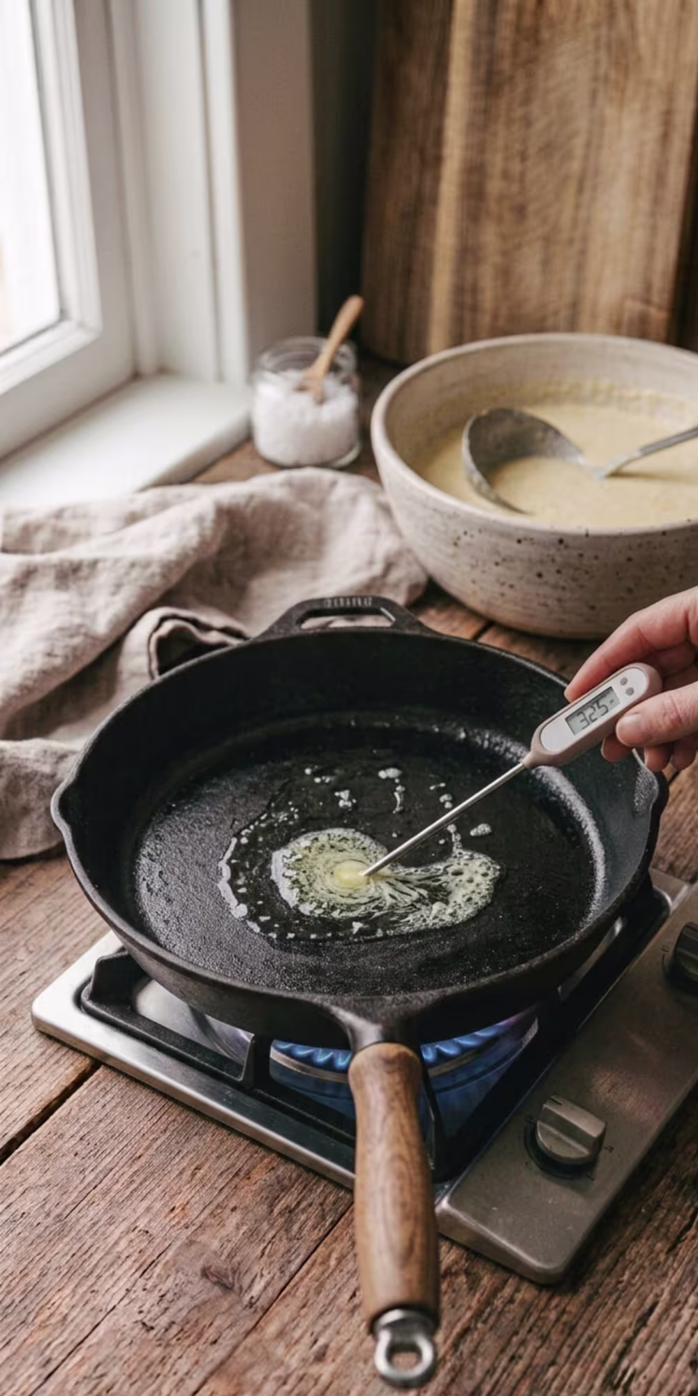Lightly greased skillet heating over medium heat for cooking masa pancakes