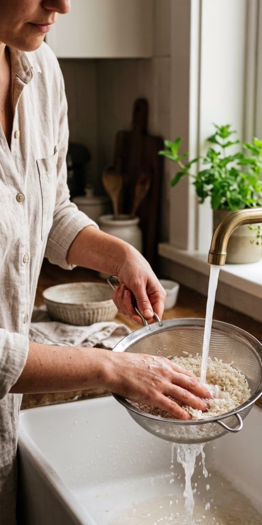 Rinsing white rice before making authentic Mexican horchata recipe